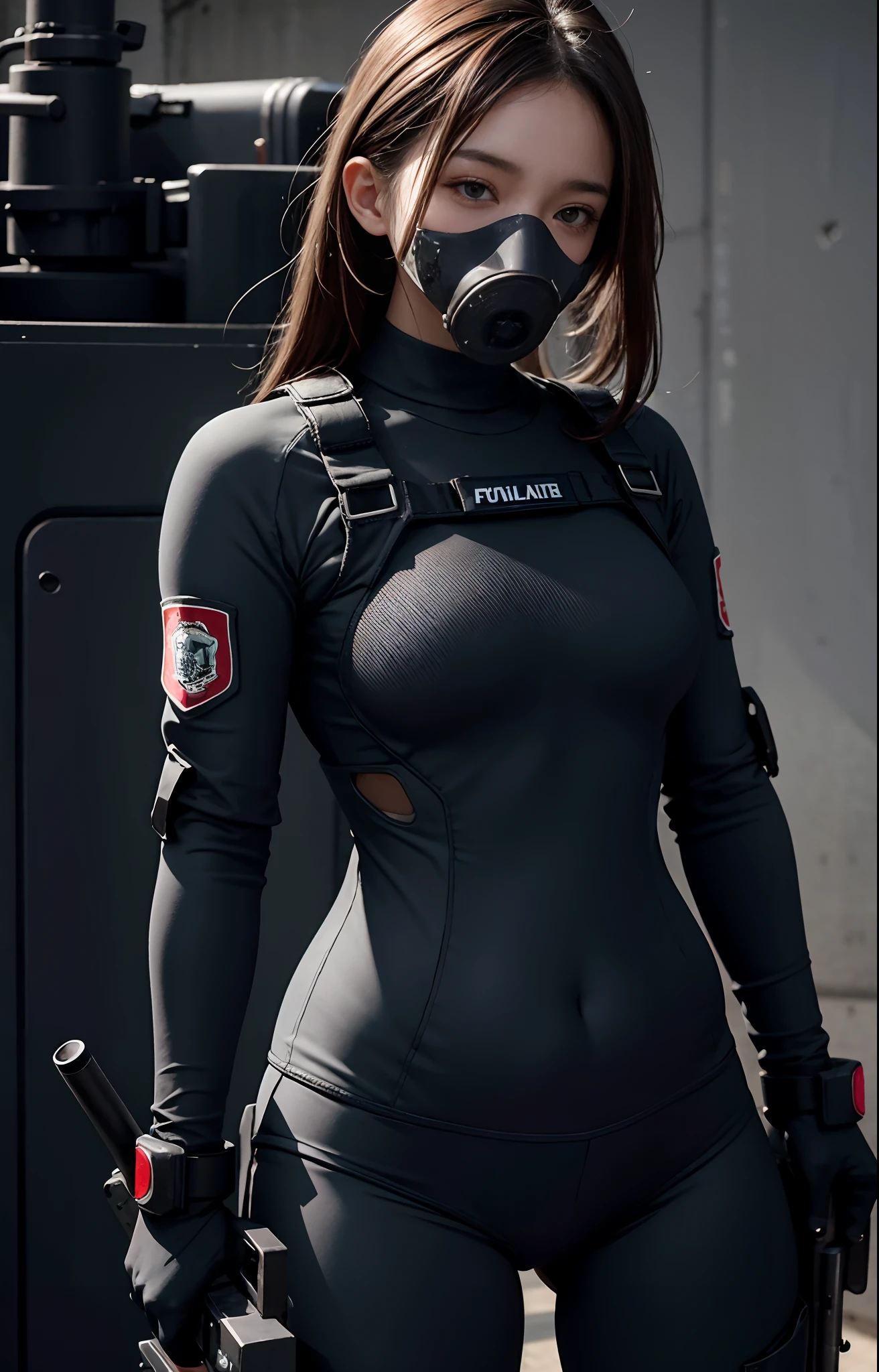 Highest image quality, outstanding details, ultra-high resolution, (realism: 1.4), ((middle shot:0.75)), highly condensed 1 lady, with beautiful and a delicate face, perfect proportion, (chubby:0.3, small breasts), (cloths color base ratio black:0.2 white:0.6 other-color:0.1), (wearing camouflage pattern cloths, wearing rash-guard likes police uniform, black and grey mecha, wearing high-tech heavy gasmask, military harness, carrying hich-tech-flamethrower-tank on back), background simple grey wall,