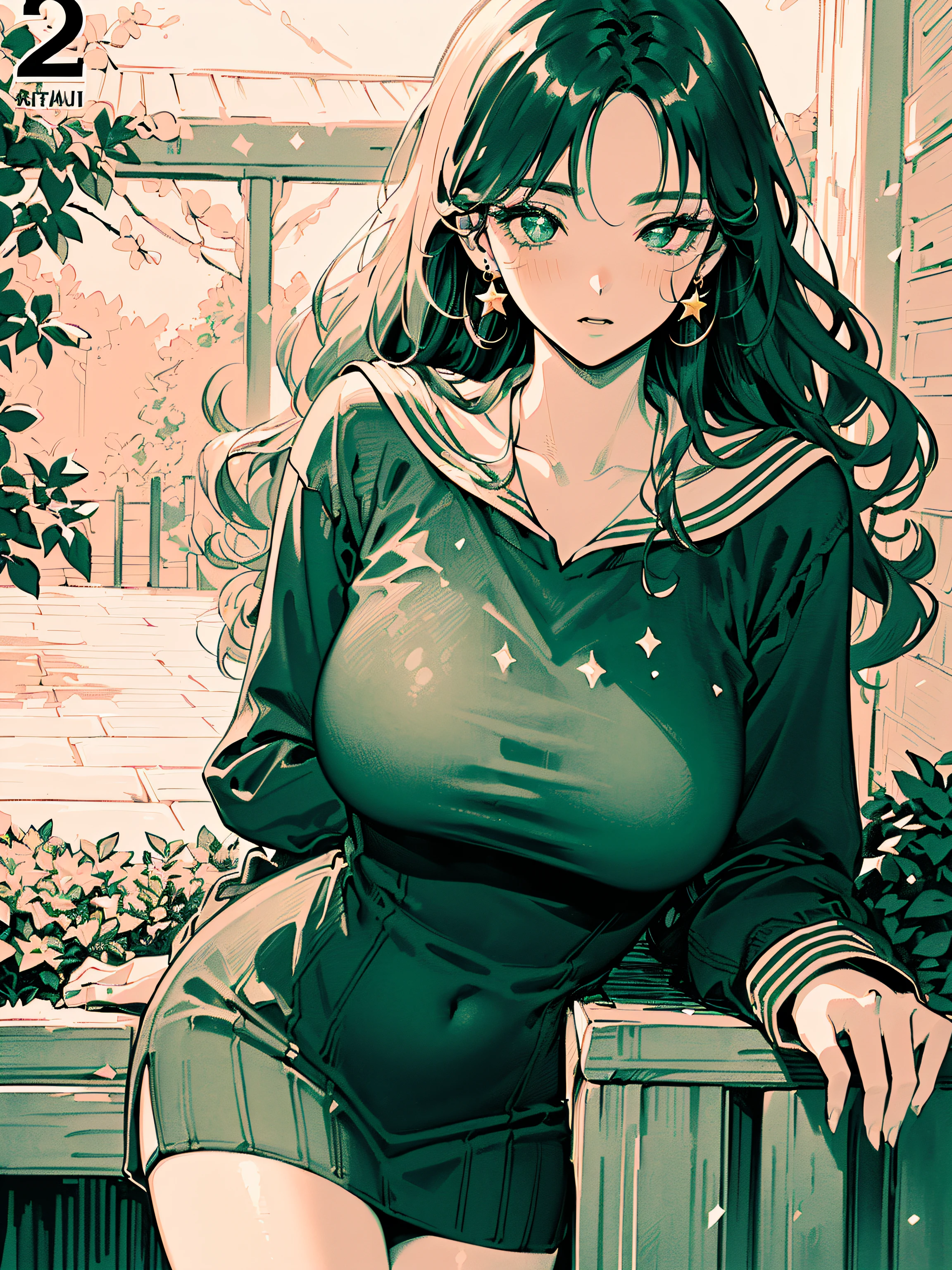 ((((((sailor dress, puffy long sleeves, frilld,  on the flower bed,))))))((((Blush:1.2,Loose cuffs,))))(((((((Monochrome world, Use only shades of white and guava green and black, sparkling particles, geomerty:1.2, )))))))，((1girl,tsundere,Amazing,Sharp focus,seductive lady，Solo，From above:1.3，Loose knitwear ,thigh band,))(Masterpiece,Best quality, offcial art, Beautiful and aesthetic:1.2),((hyper HD,yawning,Golden ratio,)) (16k),((Upper lens,Facial closure:1.2,focus onface:1.2, (((wink, half closed eyes))), (((Sagging breasts))))),(Physically-based rendering),Sharp focus, (((highdetailskin,))),intricate outfits，Delicate pupils,Cardiac pupils,Danfeng Eyes,((((detailed hairs|Long hair|Long bold side bangs|Cover your eyes|Naturally curly|Disheveled hair)))),Slender,(masterpiece sidelighting),(The sheen),(Beautiful hair,Beautiful eyes,）((unbelievable Ridiculous,)),((extremely_Detailed_Eyes_and_face)),film quality,(Dynamic configuration: 1.2),Brilliant,Glossy, (Photorealistic), ((star earrings)), two-sided fabric,Ultra-precise depiction, Ultra-detailed depiction,