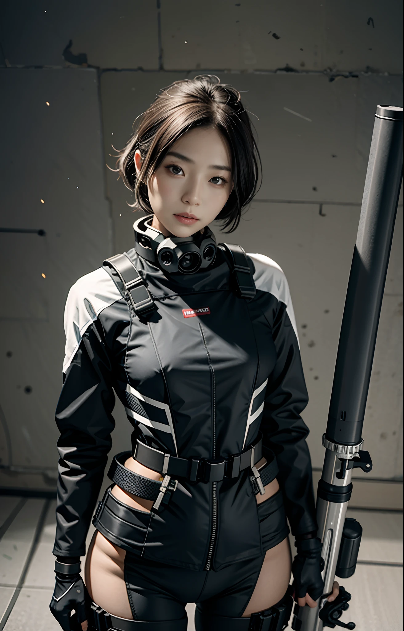 Highest image quality, outstanding details, ultra-high resolution, (realism: 1.4), ((close up:0.75)), highly condensed 1 lady, with beautiful and a delicate face, perfect proportion, aiming the viewer, ((aiming the viewer)), (chubby:0.3, small breasts), (cloths color base ratio black:0.4 white:0.5 other-color:0.1), (wearing rash-guard likes police uniform, black and gray mecha, wearing futuristic-full-face-mask, military harness, holding hich-tech-flamethrower -tank on back), background simple grey wall,