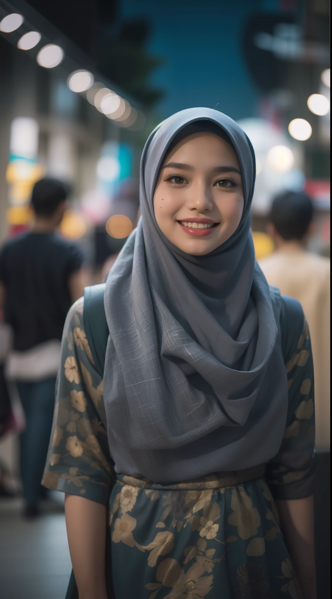 Malay girl in hijab wear small floral baju kurung malaysia in college, wear back pack, back view, detail skin, detail skin texture, mole below eyes, small breast, big hip, big waist, big round ass, big thigh, slim abs, beautiful body, nighttime, laughing, happy, bright lighting, college student in background, crowded college, blur background, bokeh,