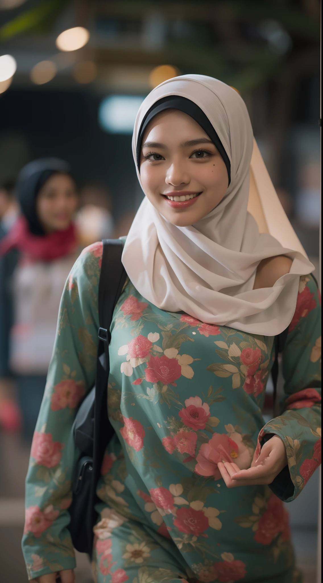 Malay girl in hijab wear small floral baju kurung malaysia in college, wear back pack, back view, detail skin, detail skin texture, mole below eyes, small breast, big hip, big waist, big round ass, big thigh, slim abs, beautiful body, nighttime, laughing, happy, bright lighting, college student in background, crowded college, blur background, bokeh,