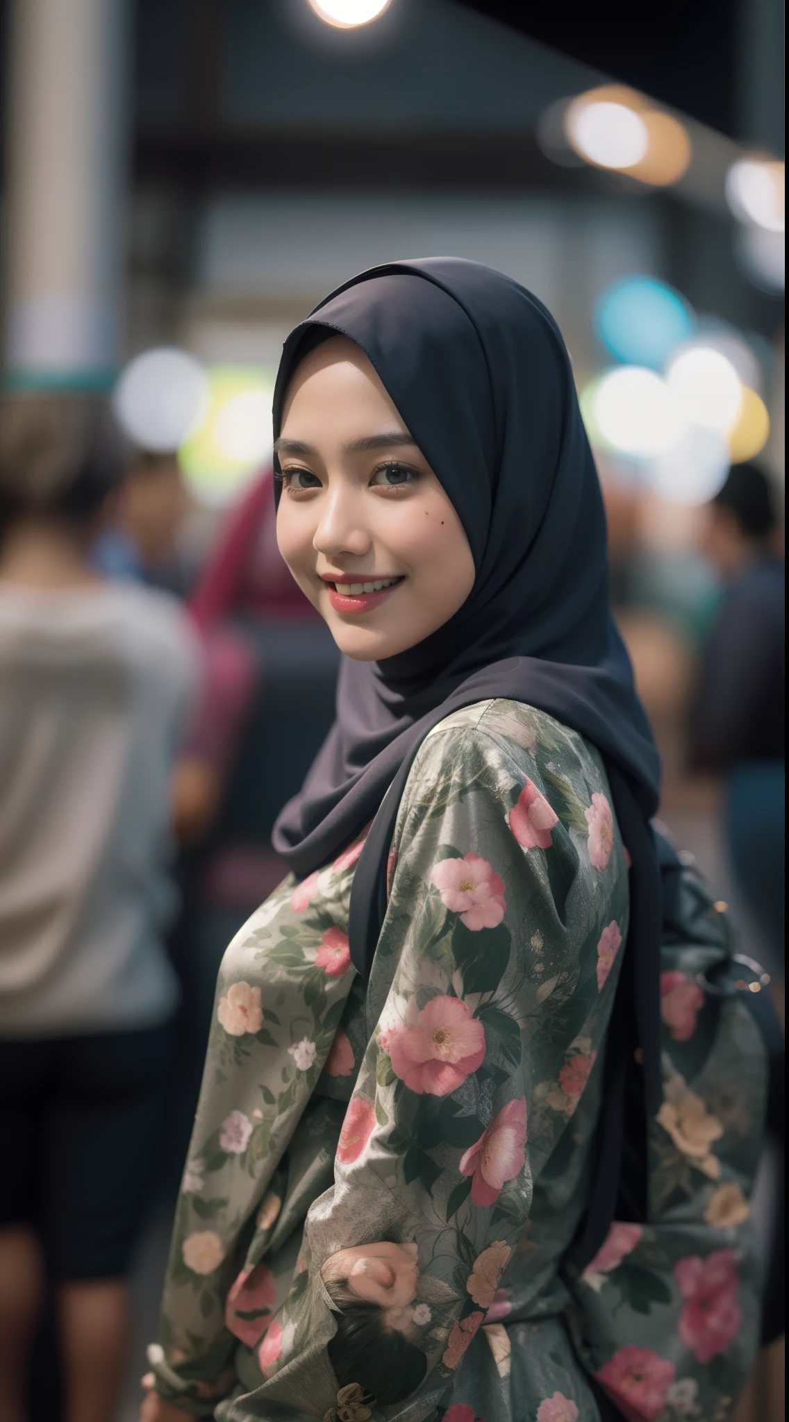 Malay girl in hijab wear small floral baju kurung malaysia in college, wear back pack, back view, detail skin, detail skin texture, mole below eyes, small breast, big hip, big waist, big round ass, big thigh, slim abs, beautiful body, nighttime, laughing, happy, bright lighting, college student in background, crowded college, blur background, bokeh,