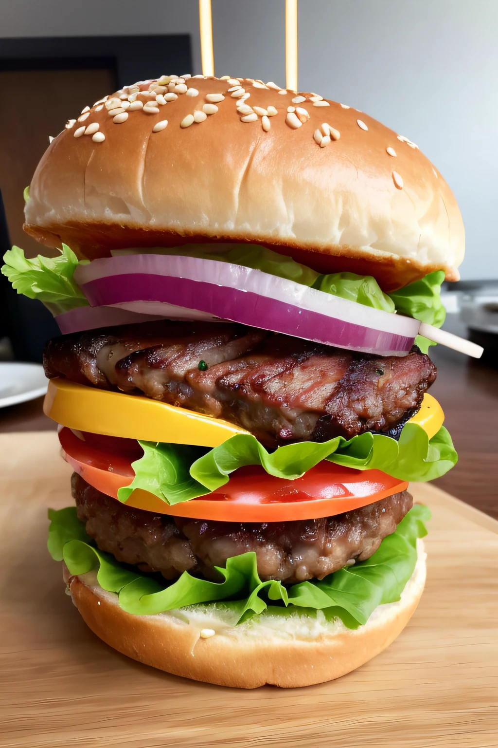 Delicious and juicy burger, Mouth-watering,4K Ultra HD, 超高分辨率, (Photorealistic: 1.4), Best quality,Masterpiece,(pastel colour:1.2)