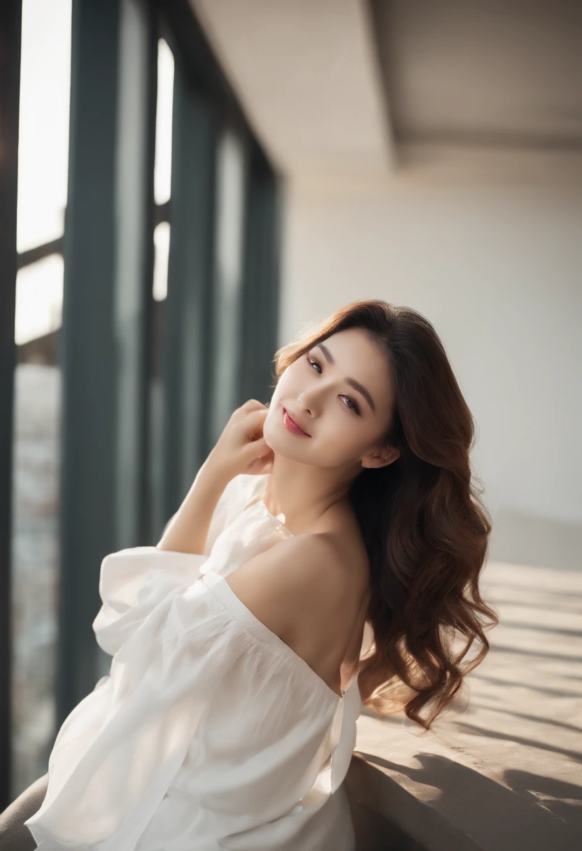 (((Attractive woman)))、1 person(model woman)、、((slimfigure))、White shirt on the upper body,White pants at the bottom,Sitting on the edge of the terrace on the roof of the building,Watch the sunset,Back diagram,((Half of the body is exposed)),Long hair with a shawl,((Raised sexy)),slimfigure、((k hd,For the ultimate complexion:1.2))、ssmile、(top-quality),Soft lighting,Master masterpieces,Sony SLR lens