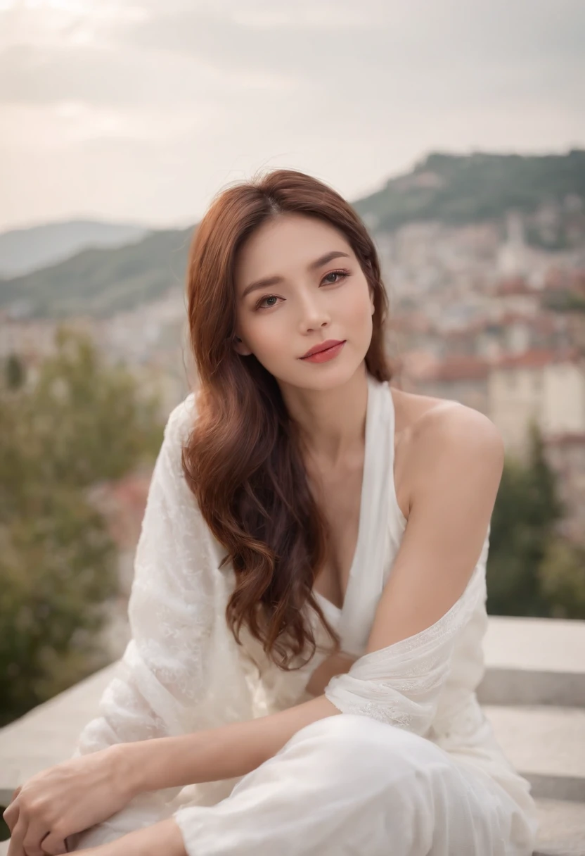 (((Attractive woman)))、1 person(model woman)、、((slimfigure))、White shirt on the upper body,White pants at the bottom,Sitting on the edge of the terrace on the roof of the building,Watch the sunset,Back diagram,((Half of the body is exposed)),Long hair with a shawl,((Raised sexy)),slimfigure、((k hd,For the ultimate complexion:1.2))、ssmile、(top-quality),Soft lighting,Master masterpieces,Sony SLR lens