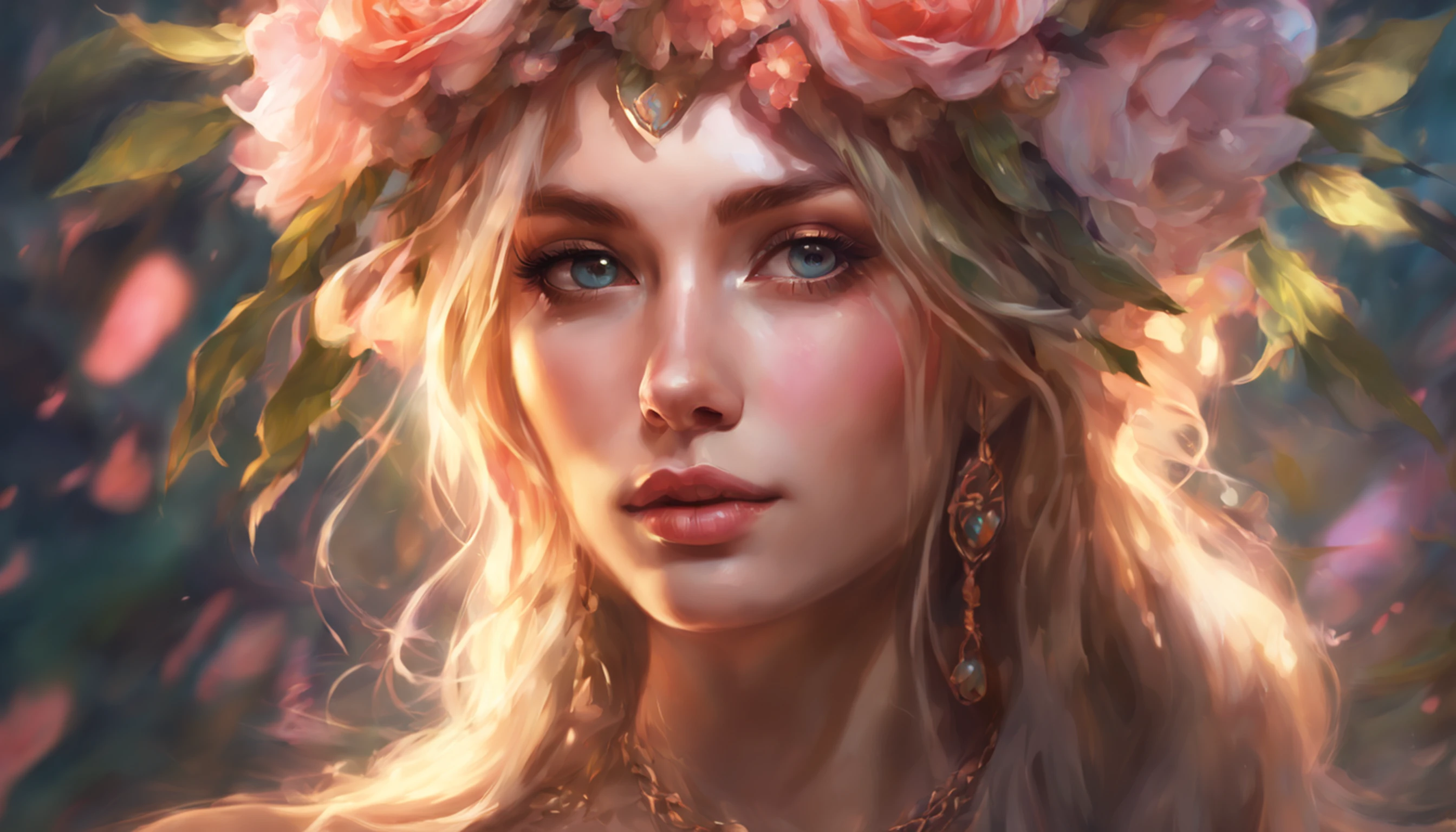 a woman with a flower crown on her head and a necklace, beautiful fantasy portrait, beautiful fantasy art portrait, fantasy portrait, fantasy art portrait, beautiful fantasy maiden, beautiful portrait, fantasy genre portrait, fantasy portrait art, intricate wlop, beautiful digital artwork, beautiful fantasy art, beautiful maiden, romanticism portrait, ross tran 8 k, very beautiful portrait, beautiful portrait image