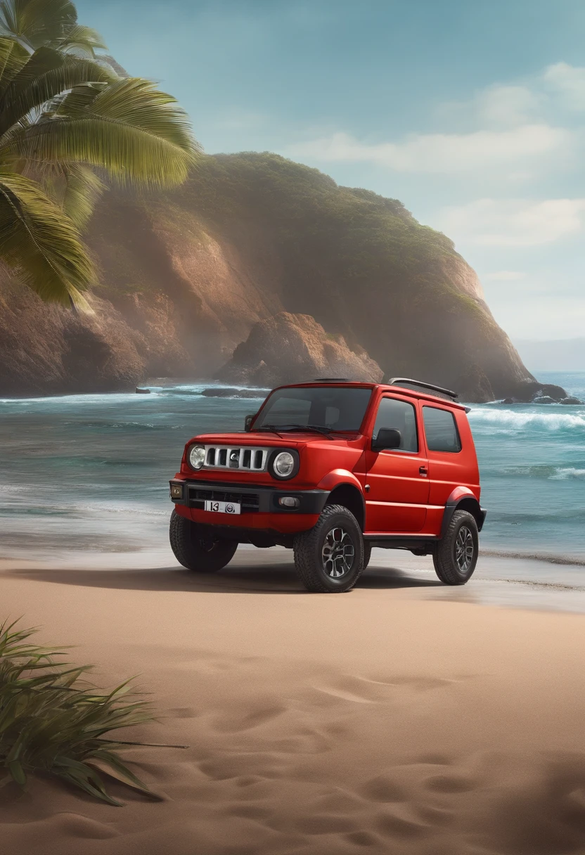 Um jipe Suzuki Jimny cor vermelha sendo dirigido por um homem de 42 anos, dark brown hair, a little gray, short and upright who wears round glasses, em uma praia de areias fofas em um dia ensolarado, estilo pixar dos desenhos animados