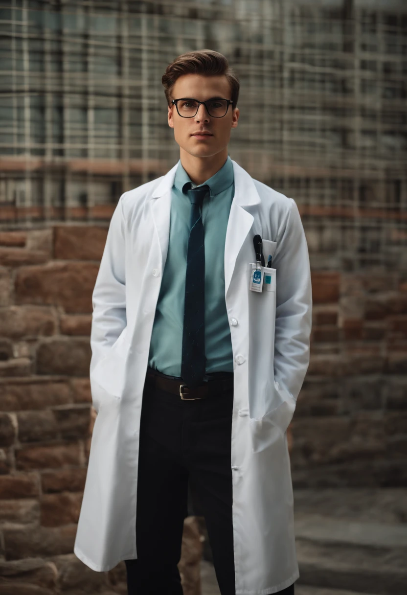Young man in lab coat and tie standing in front of a wall, medic, vestindo camiseta, lab coat, surgeon, wearing lab coat and glasses