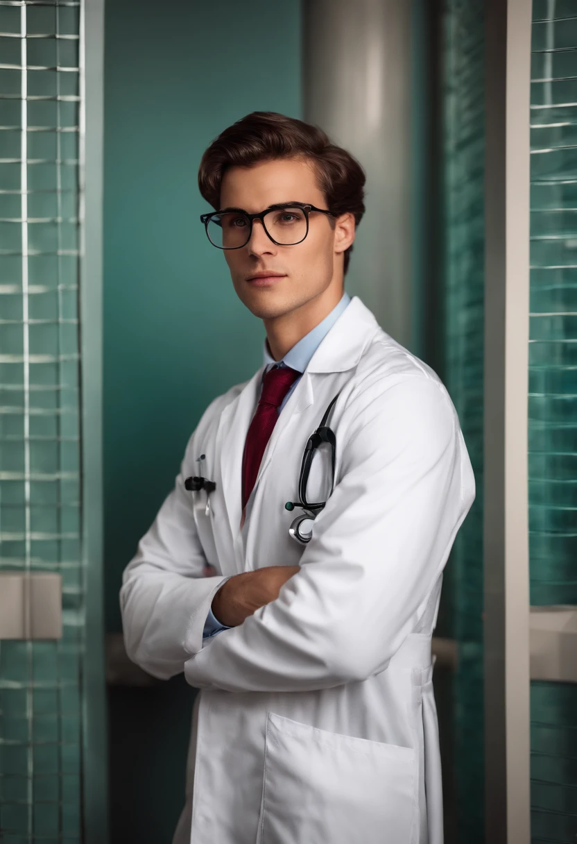 Young man in lab coat and tie standing in front of a wall, medic, vestindo camiseta, lab coat, surgeon, wearing lab coat and glasses