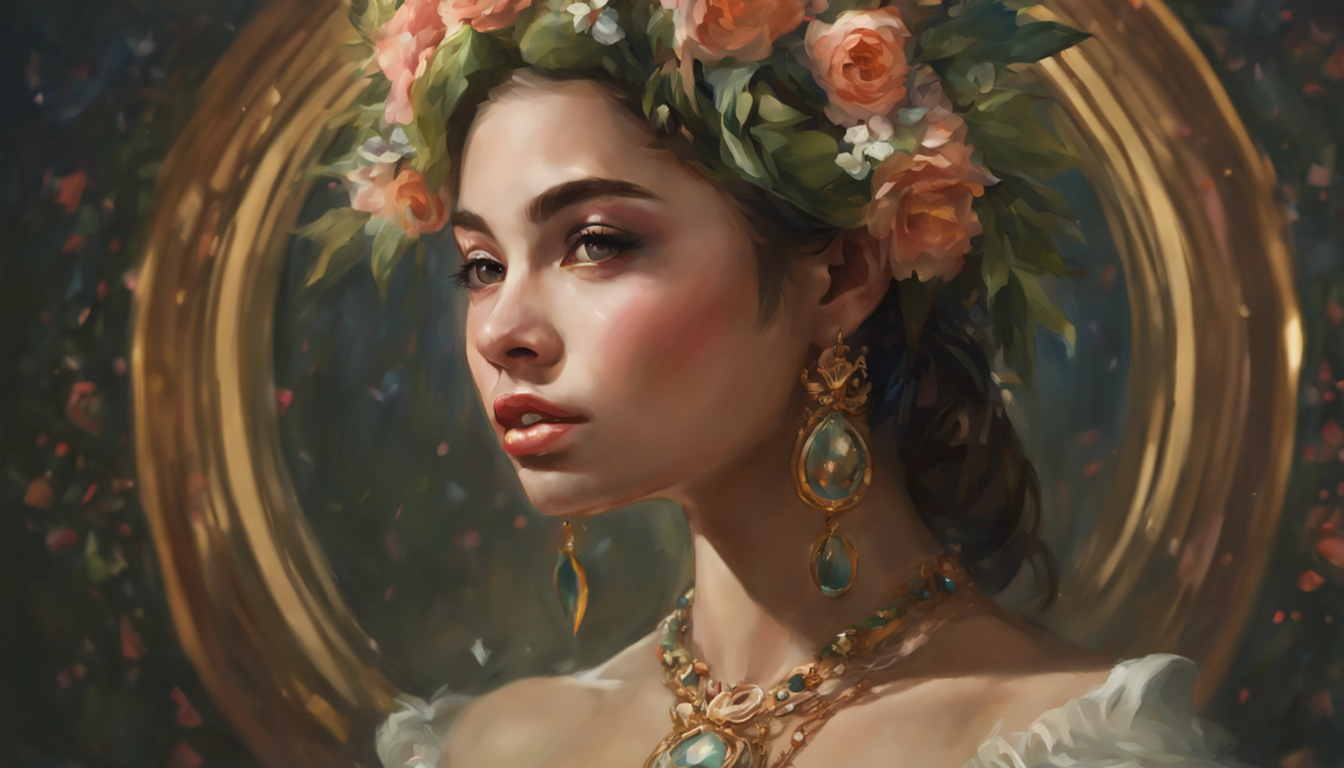 A woman with a wreath on her head and a necklace, de corpo interiro e roupas floridas, retrato bonito da fantasia, retrato bonito da arte da fantasia, retrato da fantasia, retrato da arte da fantasia, donzela da fantasia bonita, retrato bonito, Fantasy genre portrait, arte do retrato da fantasia, wlop intrincado, arte digital bonita, arte da fantasia bonita, donzela bonita, retrato do romantismo, ross tran 8 k, retrato muito bonito, imagem de retrato bonito