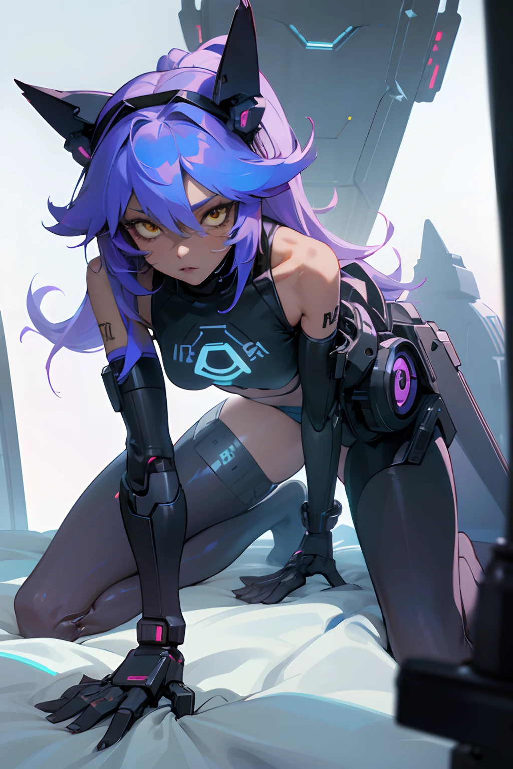 A dark skinned futuristic vocaloid inspired wolf girl. Her left arm is a robotic prosthetic. She is wearing a y2k grunge inspired outfit and a white and black cross sports bra with futuristic elements. Her main color is a light purple with an accent of light blue. doggy style sex front view