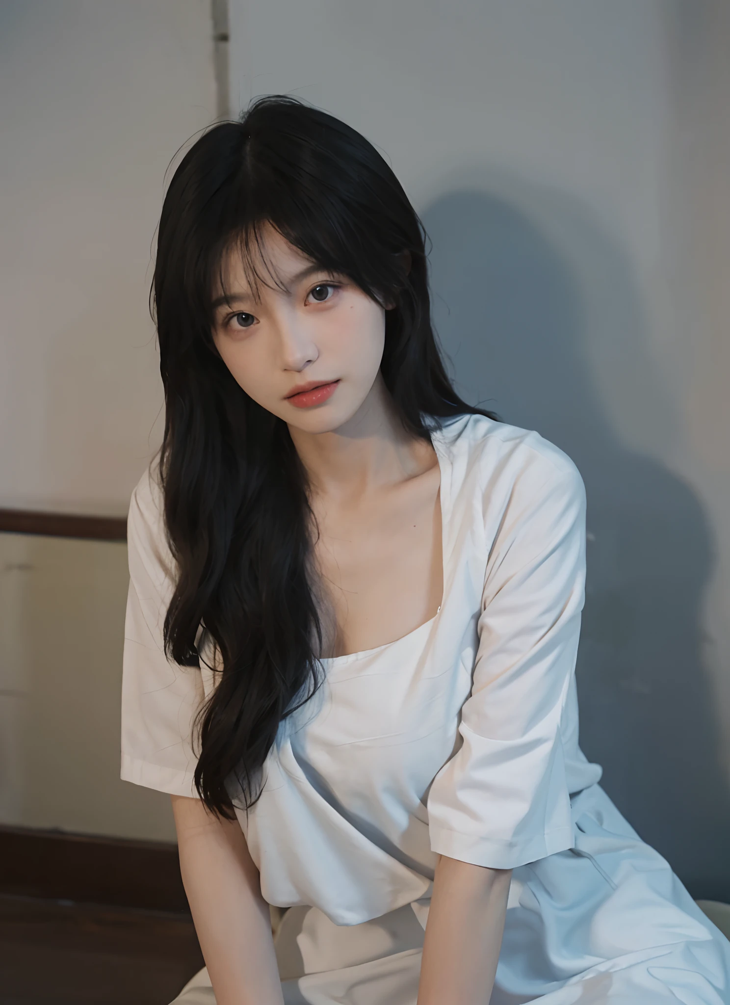 best qualtiy, 超高分辨率, (realisticlying:1.4), one-girl, A pair of clear and moving eyes,Royal Sister,Snow-white school uniform, (big cleavage breasts:1.2), looking at viewert, closeup cleavage ,