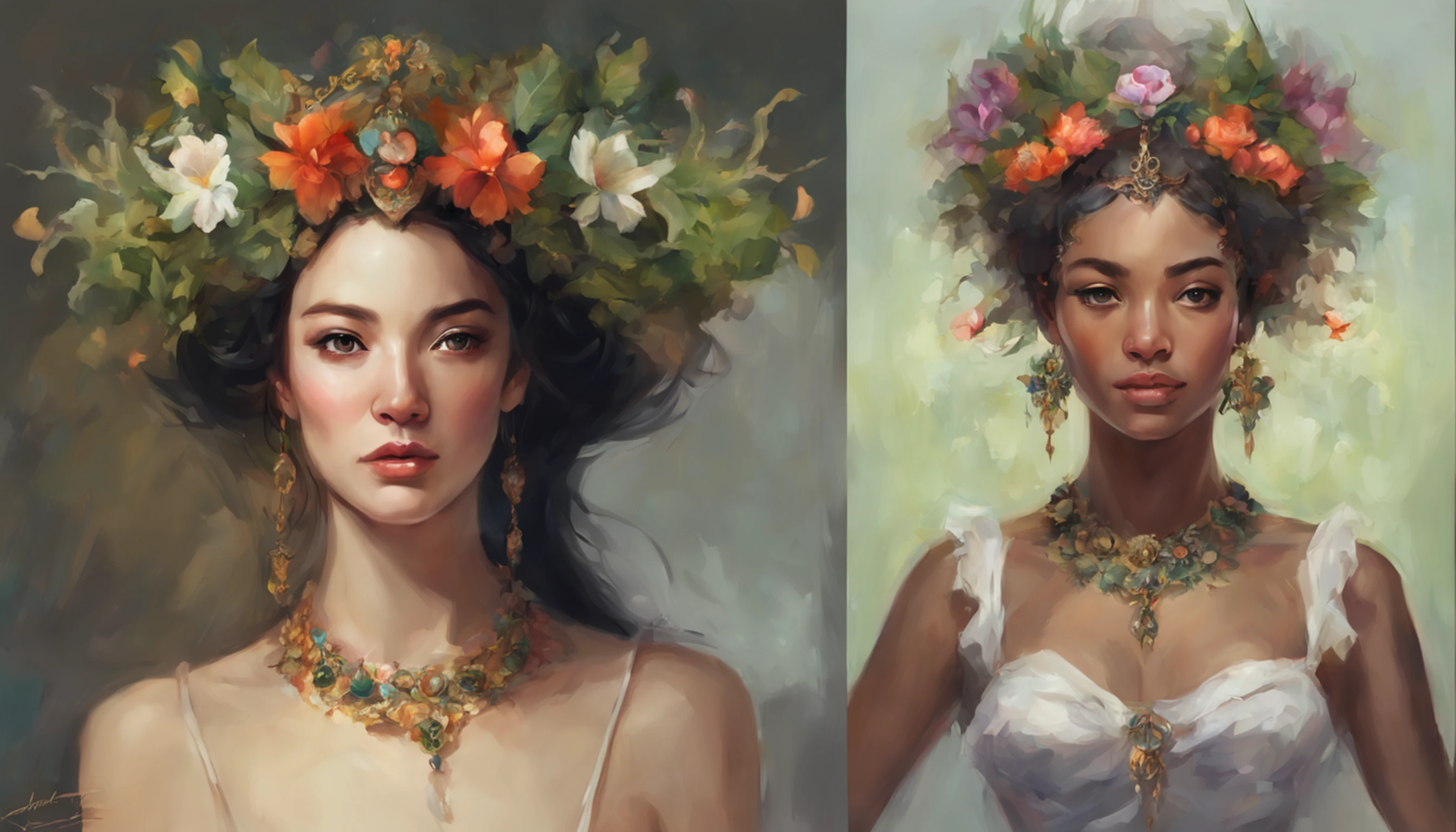 A woman with a wreath on her head and a necklace, de corpo interiro e roupas floridas, retrato bonito da fantasia, retrato bonito da arte da fantasia, retrato da fantasia, retrato da arte da fantasia, donzela da fantasia bonita, retrato bonito, Fantasy genre portrait, arte do retrato da fantasia, wlop intrincado, arte digital bonita, arte da fantasia bonita, donzela bonita, retrato do romantismo, ross tran 8 k, retrato muito bonito, imagem de retrato bonito