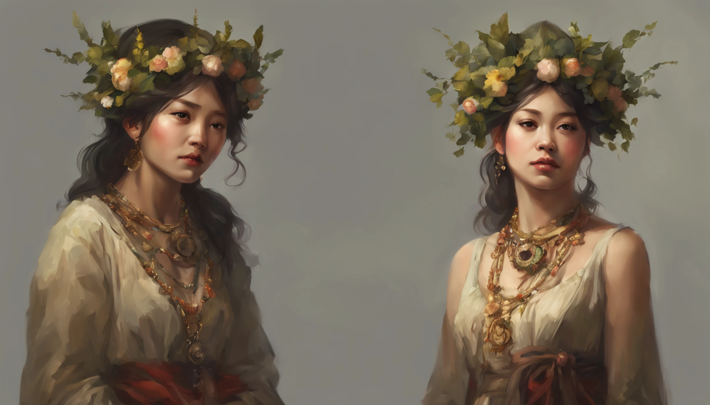 A woman with a wreath on her head and a necklace, Full-body and middle-aged clothing, retrato bonito da fantasia, retrato bonito da arte da fantasia, retrato da fantasia, retrato da arte da fantasia, donzela da fantasia bonita, retrato bonito, Fantasy genre portrait, arte do retrato da fantasia, wlop intrincado, arte digital bonita, arte da fantasia bonita, donzela bonita, retrato do romantismo, ross tran 8 k, retrato muito bonito, imagem de retrato bonito