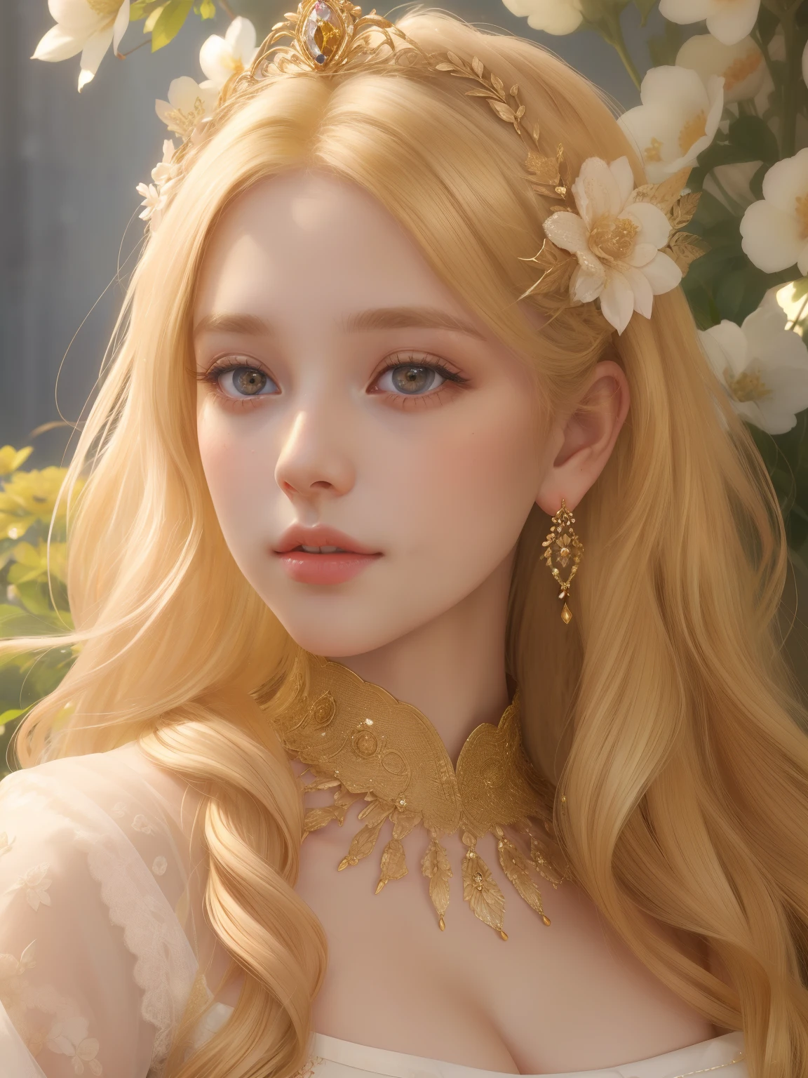 Woman young, realistic portrait, beautiful, blonde haired, goddess, golden eyess, closeup, tidy face, adorable, gown, princess, flower garden, Ultra High quality, High definition, 4k,