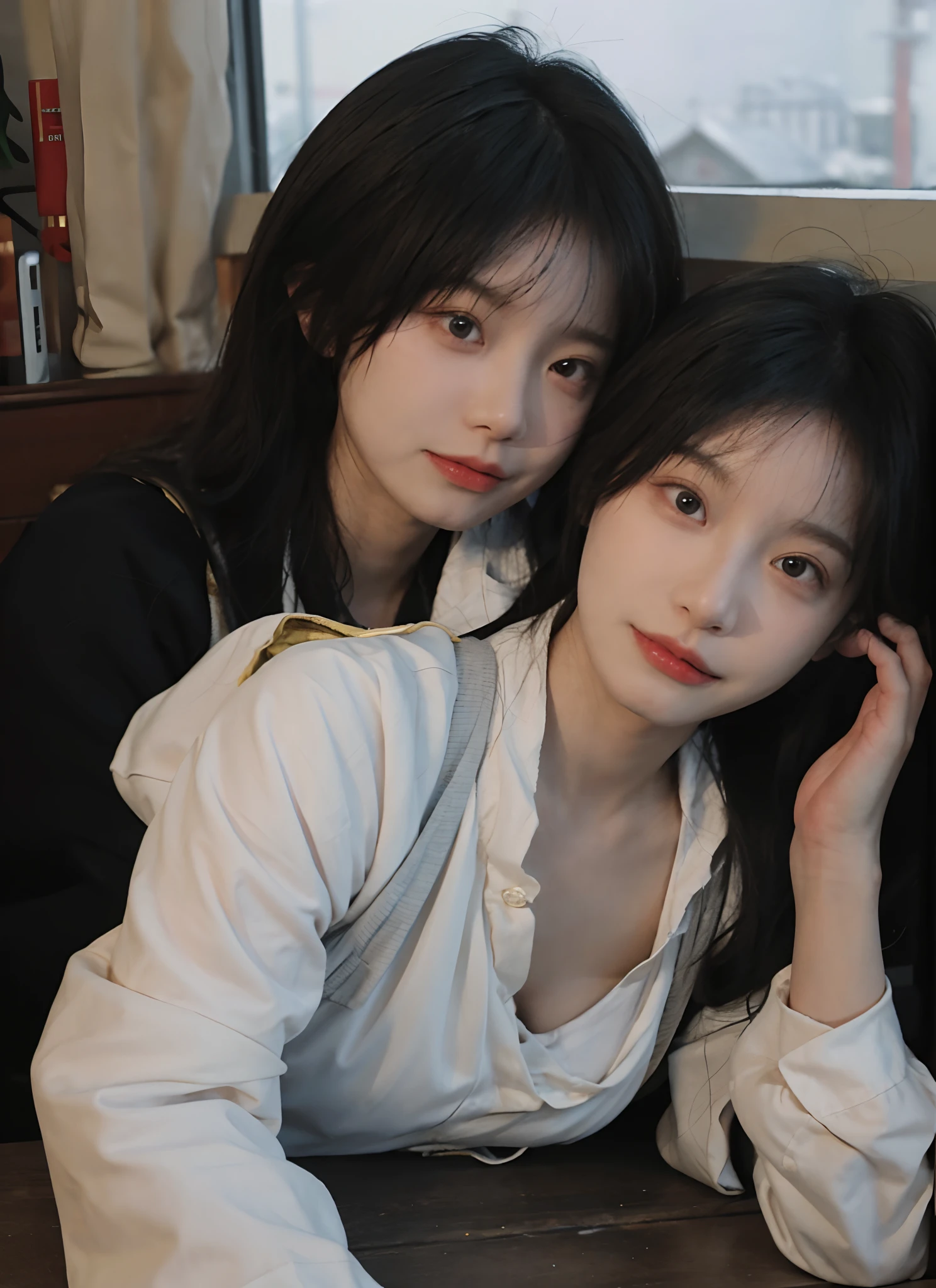 best qualtiy, 超高分辨率, (realisticlying:1.4), one-girl, A pair of eyes as clear as snow,Royal Sister,Black long straight,yellow school uniforms, (big cleavage breasts:1.3), looking at viewert, closeup cleavage ,