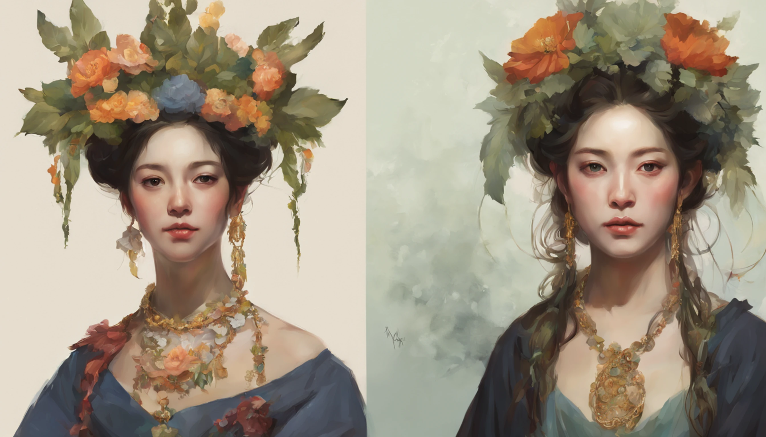 A woman with a wreath on her head and a necklace, Full-body and middle-aged clothing, retrato bonito da fantasia, retrato bonito da arte da fantasia, retrato da fantasia, retrato da arte da fantasia, donzela da fantasia bonita, retrato bonito, Fantasy genre portrait, arte do retrato da fantasia, wlop intrincado, arte digital bonita, arte da fantasia bonita, donzela bonita, retrato do romantismo, ross tran 8 k, retrato muito bonito, imagem de retrato bonito