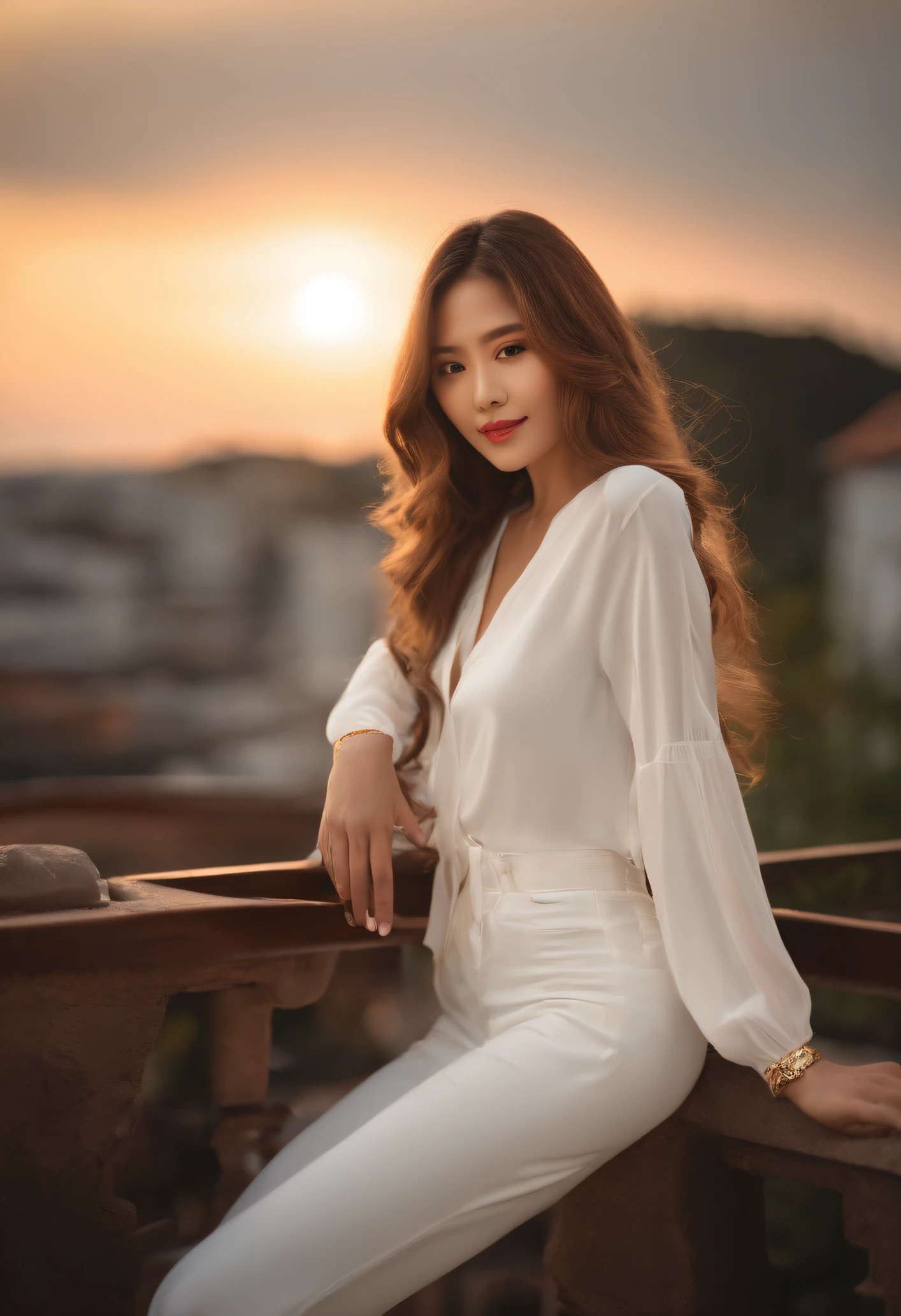 (((Attractive woman)))、1 person（model woman）、、((slimfigure))、White shirt on the upper body，White pants at the bottom，Sitting on the edge of the terrace on the roof of the building，Watch the sunset，Back diagram，((Half of the body is exposed))，Long hair with a shawl，((Raised sexy))，slimfigure、((k hd，For the ultimate complexion：1.2))、ssmile、(top-quality)，Soft lighting，Master masterpieces，Sony SLR lens