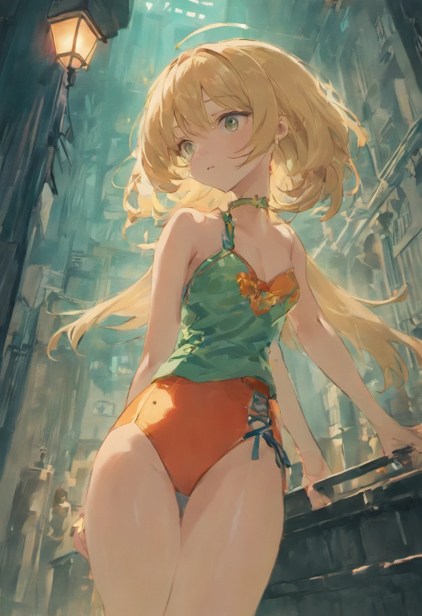 masterpiece、top-quality、Very delicate and beautiful girl、extremely delicate and beautiful、world masterpiece theater、Ultra-fine、top-quality、a blond、red hood、verd s eyes、Leather shorts、Green Bikini、Hi-Res、Very elaborate、girl with、top-quality、illustratio、The viewer watching、watercolor paiting