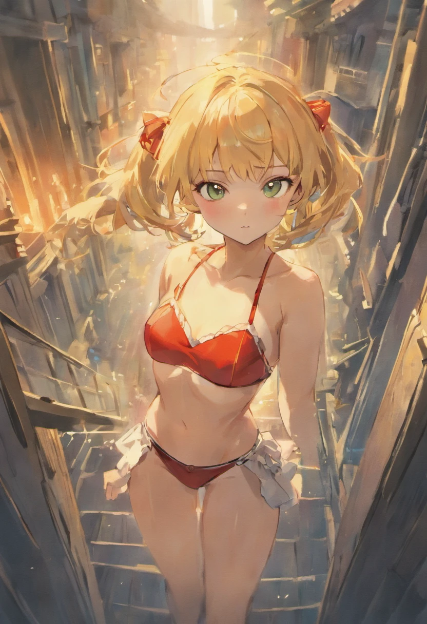 masterpiece、top-quality、Very delicate and beautiful girl、extremely delicate and beautiful、world masterpiece theater、Ultra-fine、top-quality、a blond、red hood、verd s eyes、Leather shorts、Green Bikini、Hi-Res、Very elaborate、girl with、top-quality、illustratio、The viewer watching、watercolor paiting