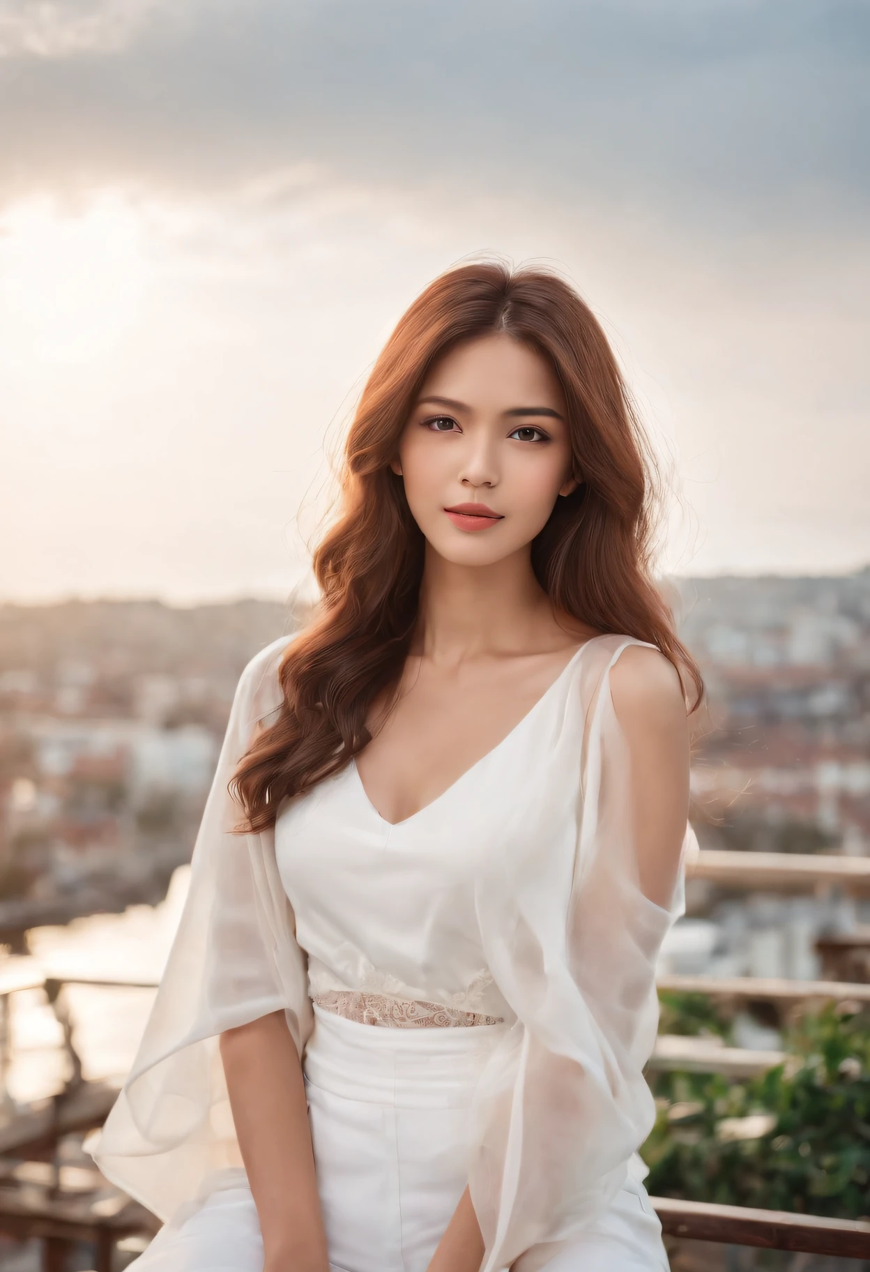 (((Attractive woman)))、1 person（model woman）、、((slimfigure))、White shirt on the upper body，White pants at the bottom，Sitting on the edge of the terrace on the roof of the building，Watch the sunset，Back diagram，((Half of the body is exposed))，Long hair with a shawl，((Raised sexy))，slimfigure、((k hd，For the ultimate complexion：1.2))、ssmile、(top-quality)，Soft lighting，Master masterpieces，Sony SLR lens