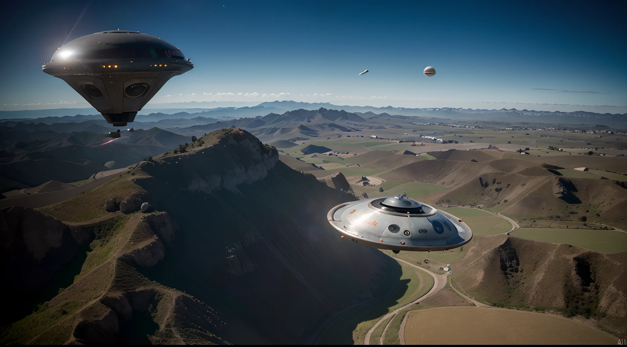 (Alien Frisbee Flies Over A Field In The Morning) VFX surrealista altamente detallado,OC renderizado,Disparo con 70 mm - AR 16:9 --q 2 --s 1000 nave espacial disco volador metalizado VFX surrealista altamente detallado 16K,OC renderizado, Cinnamatographic lighting, en el campo, se comunican con el espacio exterior y otros planetas, Cinematic Morning Lighting (cerca del suelo, por aterrizar, Frisbee Metallic Spaceship, a baja altura), (Alien Frisbee Flies Over A Field In The Morning) VFX surrealista altamente detallado,OC renderizado,Disparo con 70 mm - AR 16:9 --q 2 --s 1000 nave espacial disco volador metalizado VFX surrealista altamente detallado 16K,OC renderizado, Cinnamatographic lighting, en el campo, se comunican con el espacio exterior y otros planetas, Cinematic Morning Lighting (cerca del suelo, por aterrizar, Frisbee Metallic Spaceship, a baja altura) ((Primer plano, muy detallado el fuselaje)), ((se ve entero desde unos metros por arriba, It occupies the entire length of the photograph, Below is the field)), ((View from a top angle, va aterrizando)) ((Isometric Perspective Top Left View)), (((Very high resolution and level of detail))), (((primer plano)))