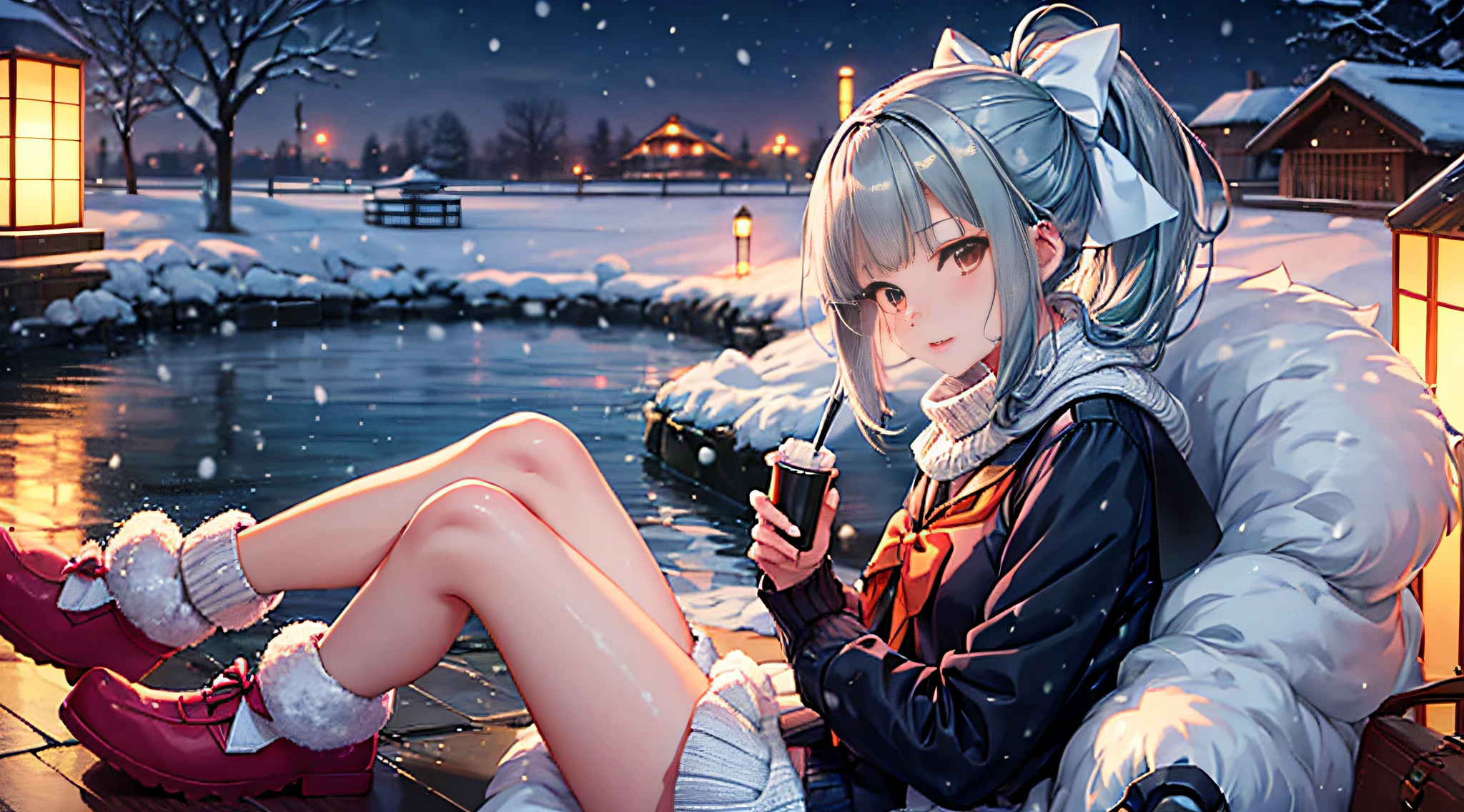 hight resolution、​masterpiece、8K Illustration、sologirl、１anime a girl、Full body、Ponytail, Bangs, Brown eyes, Bow, Hair Bow, Green hair, Grey Hair, (poneyTail、a sailor suit、Knitted scarves、White knitted cardigan、Fluffy short boots）、 anime style 4 k, anime moe art style, Kantai Collection Style, Very beautiful anime girl, Anime 4K, Anime art wallpaper 8k, Background Main、Winter background、Yuki、It's snowing、Snow piles up、Feeling the cold、Chinese style illustration、avatar、Fantasia、detailed digital art、Beautiful、detailed portrait of an anime girl、