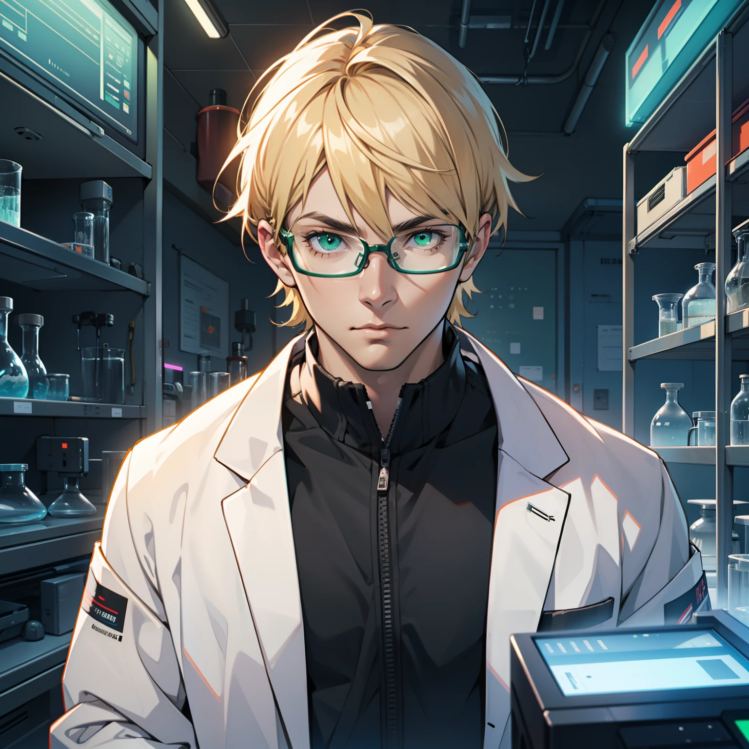 lab, young man, scientist, lab coat, blonde hair, call, futuristic, anime, ray tracing, ultra hd, masterpiece, high resolution, tech, single, glasses, green eyes