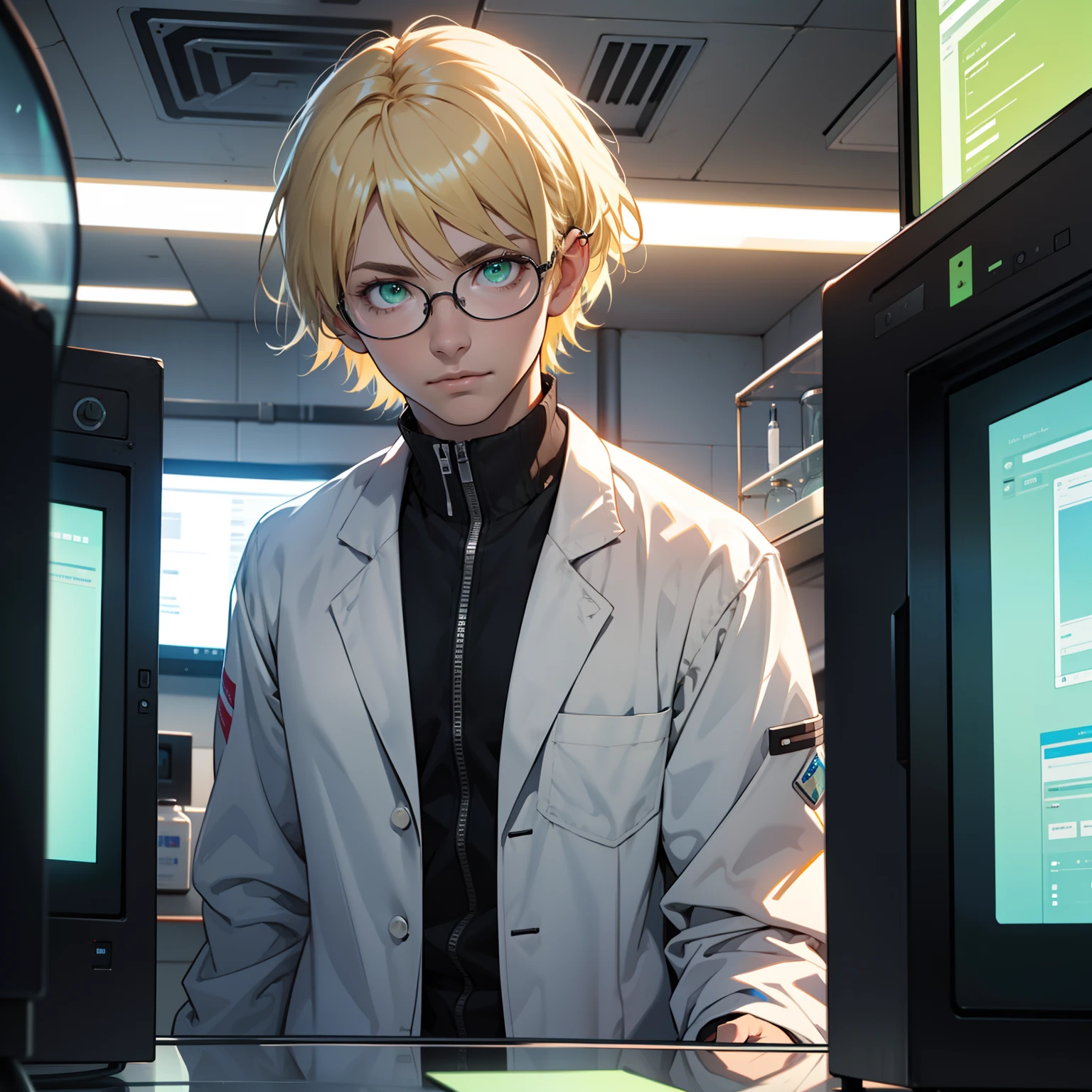 lab, young male, scientist, lab coat, blonde hair, call, futuristic, ray tracing, ultra hd, masterpiece, high resolution, tech, single, glasses, green eyes