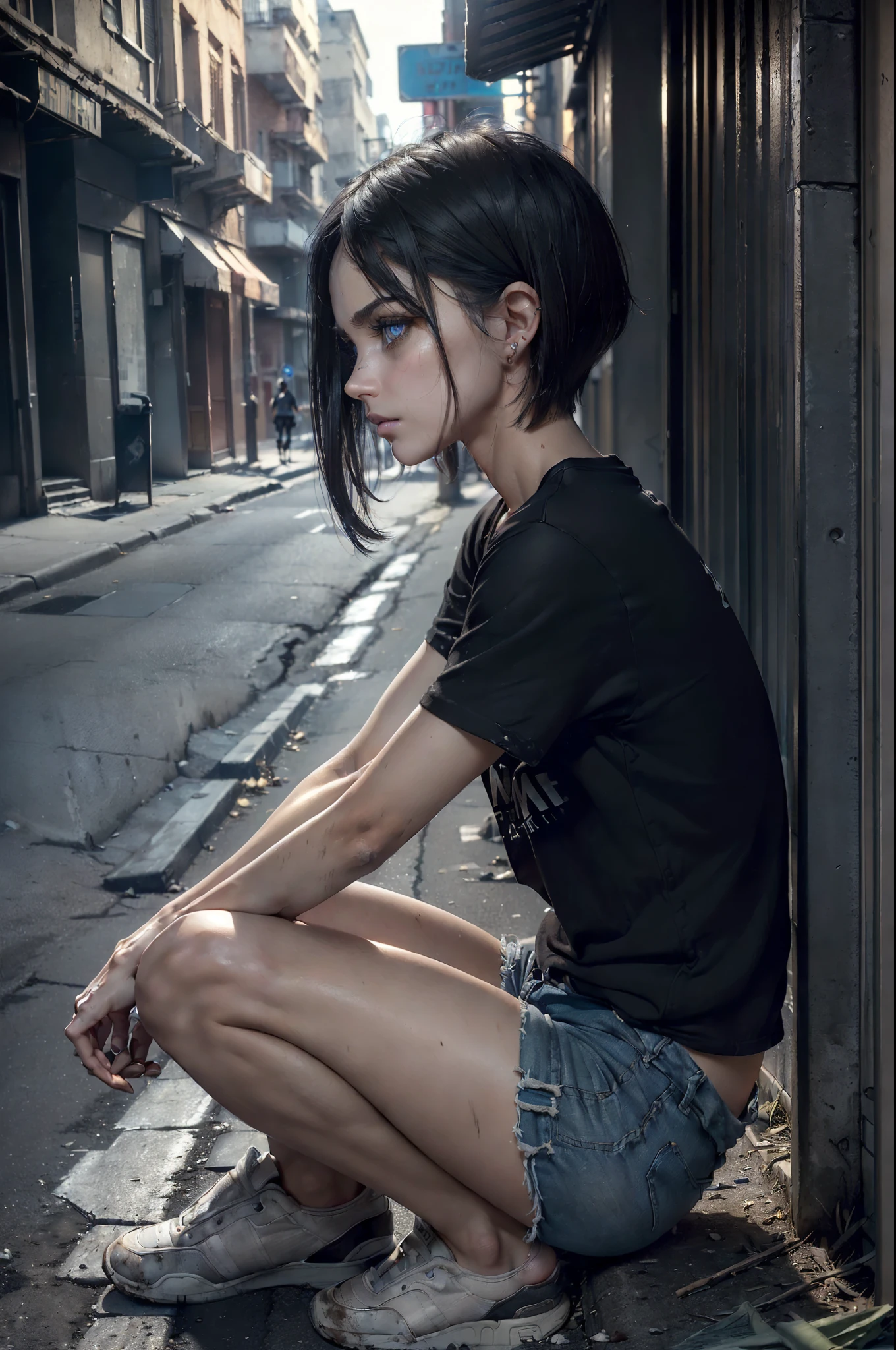 (((side view))), ((Unreal Engine 5)), ((Masterpiece)), ((ultra high definition)), ((ultra high resolution)), ((full sharpness)), ((maximum quality)), ((Cinematic)), ((8k)), ((Homeless Girl)), ((street girl)), ((drug addict face)), ((drug addict)), ((symptoms of fentanyl use)), ((drugs)), ((ultra slim)), ((skeletal)), ((very hungry)), ((sad face)), ((alone)), ((full body)), ((ultra detailed face)), ((ultra detailed eyes)), ((ultra realist eyes)), ((ultra detailed irises)), ((totally normal irises)), (((identical irises))), ((dark circles)), ((ultra delicate hands)), ((ultra detailed hands)), ((small hands)), ((ultra detailed fingers)), ((natural lighting)), ((ultra small breasts)), ((dirty skin)), ((totally ultra realistic)), ((repeat the same face)), ((always the same face)), ((repeat always the same face)), ((always the same body)), ((always the same proportions)), ((always the same clothes)), ((always the same characteristics)), ((very flat belly)), ((looking at the camera)), ((wearing a very dirty micro shorts and micro t-shirt)), ((straight hair)), ((ultra short hair)), ((on a deserted, dirty and dark street)), ((very dirty clothes)), ((totally filthy)), ((sitting on the sidewalk)), ((crying))