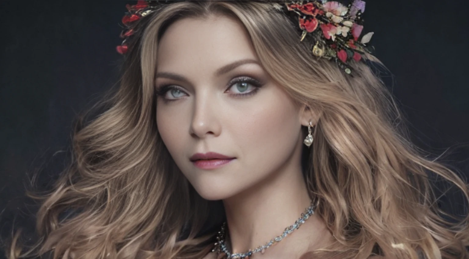 A woman with a wreath on her head and a necklace, Full-body and middle-aged clothing, retrato bonito da fantasia, retrato bonito da arte da fantasia, retrato da fantasia, retrato da arte da fantasia, donzela da fantasia bonita, retrato bonito, Fantasy genre portrait, arte do retrato da fantasia, wlop intrincado, arte digital bonita, arte da fantasia bonita, donzela bonita, retrato do romantismo, ross tran 8 k, retrato muito bonito, imagem de retrato bonito
