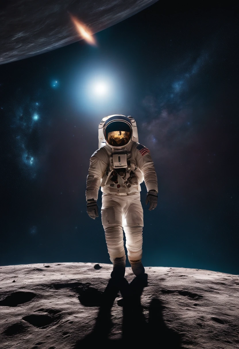 astronauta, heroic, andando na lua e com o planeta terra no fundo da imagem