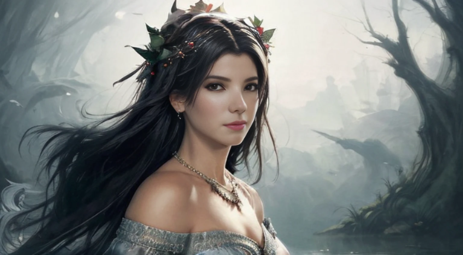 A woman with a wreath on her head and a necklace, Full-body and middle-aged clothing, retrato bonito da fantasia, retrato bonito da arte da fantasia, retrato da fantasia, retrato da arte da fantasia, donzela da fantasia bonita, retrato bonito, Fantasy genre portrait, arte do retrato da fantasia, wlop intrincado, arte digital bonita, arte da fantasia bonita, donzela bonita, retrato do romantismo, ross tran 8 k, retrato muito bonito, imagem de retrato bonito