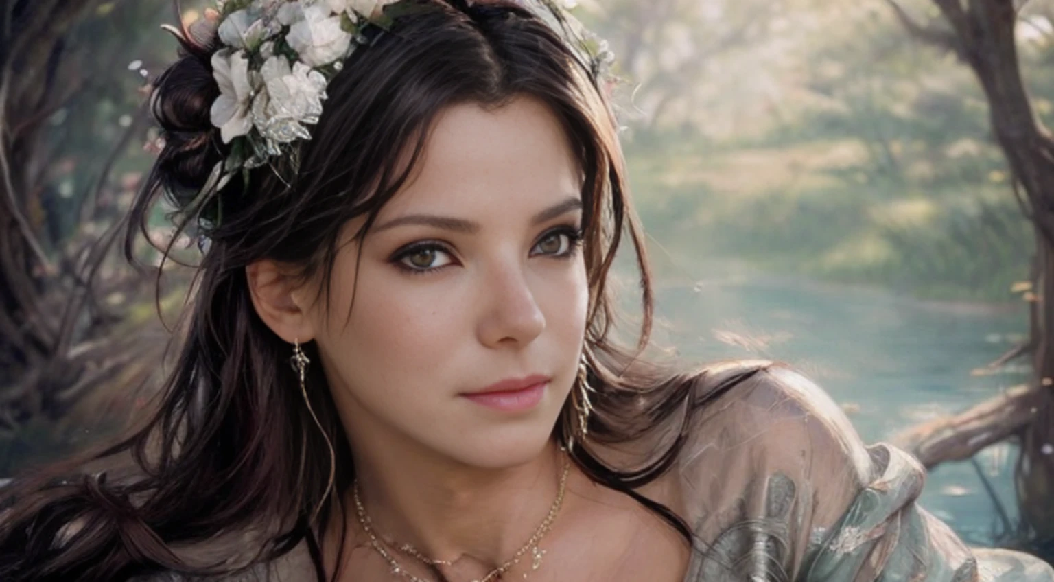 A woman with a wreath on her head and a necklace, Full-body and middle-aged clothing, retrato bonito da fantasia, retrato bonito da arte da fantasia, retrato da fantasia, retrato da arte da fantasia, donzela da fantasia bonita, retrato bonito, Fantasy genre portrait, arte do retrato da fantasia, wlop intrincado, arte digital bonita, arte da fantasia bonita, donzela bonita, retrato do romantismo, ross tran 8 k, retrato muito bonito, imagem de retrato bonito