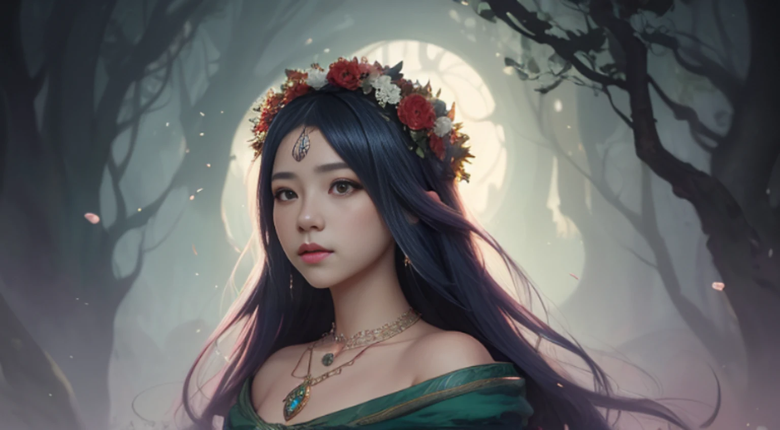 A woman with a wreath on her head and a beautiful necklace, Image of a full-length woman and clothes from the Middle Ages, retrato bonito da fantasia, retrato bonito da arte da fantasia, retrato da fantasia, retrato da arte da fantasia, donzela da fantasia bonita, retrato bonito, Fantasy genre portrait, arte do retrato da fantasia, wlop intrincado, arte digital bonita, arte da fantasia bonita, donzela bonita, retrato do romantismo, ross tran 8 k, retrato muito bonito, imagem de retrato bonito
