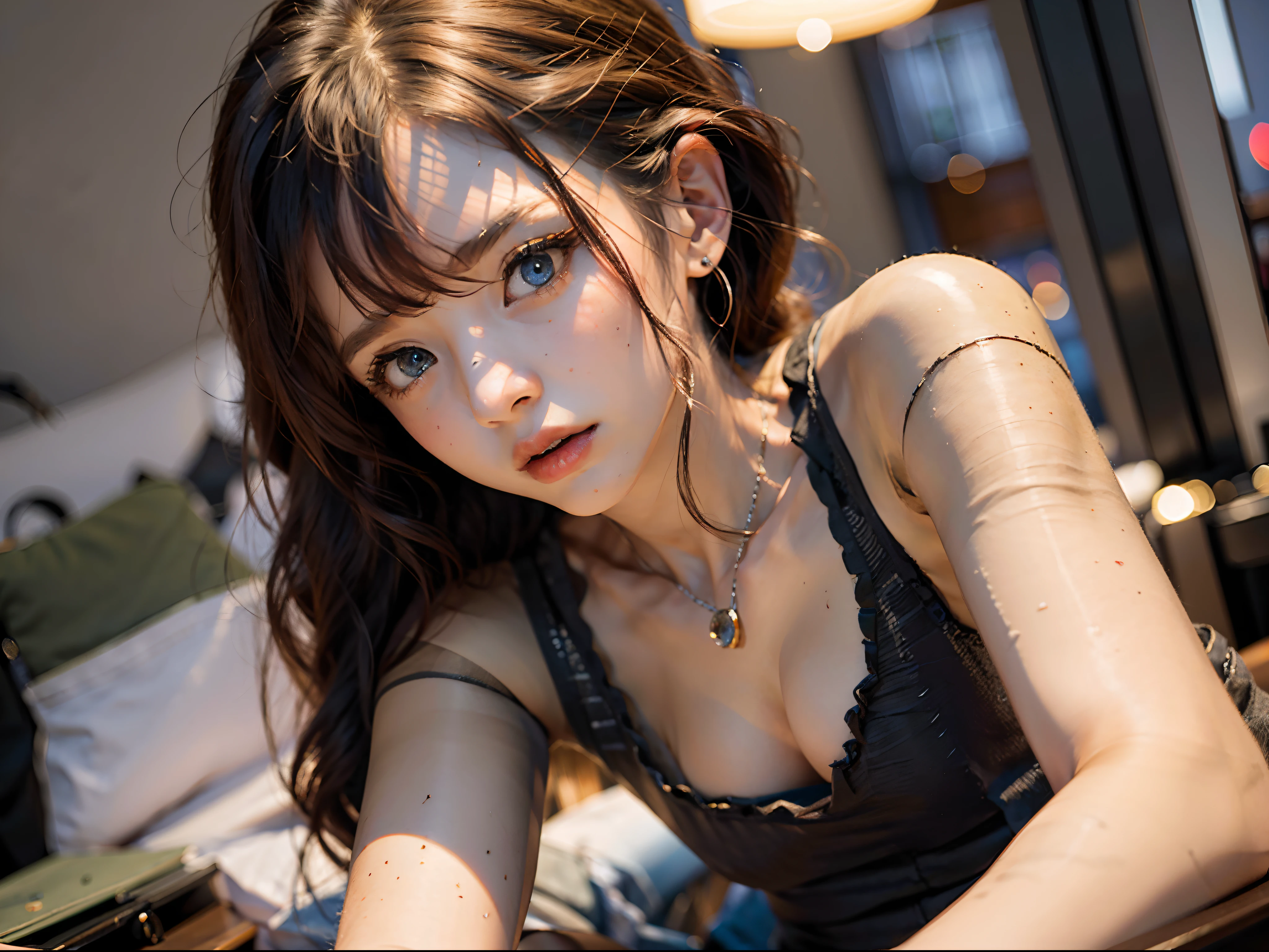 1girl, (solo:1.2), ((masterpiece)), (shadow), [slim], (small breasts), ((sharp focus)), pale skin, ((detailed eyes)), (blurry background), (dynamic angle), black hair, closed mouth, tank top, interior, living room, messy hair, looking at viewer