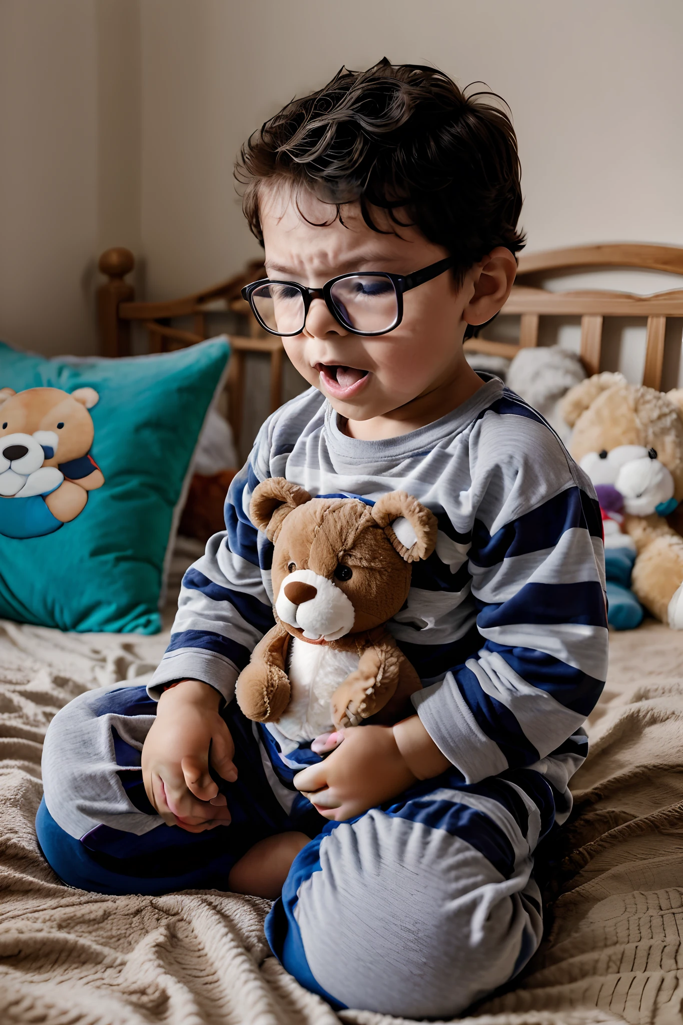 "Create A 3--old wearing glasses and pajamas, holding his stuffed teddy bear, yawning sleepily in his cozy bedroom."