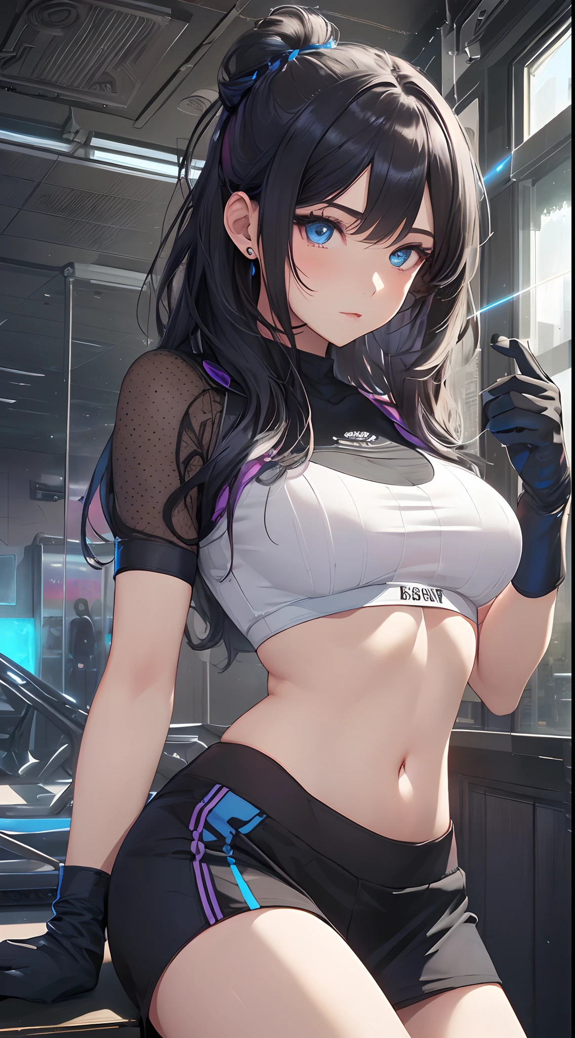 top-quality、Top image quality、​masterpiece、girl with((cute little、20yr old、Best Bust、Medium bust、Bust 85,Beautiful blue eyes、Breasts wide open,Long Black Hair、A slender、Middle knot、Black Sports Bra、Blue long trousers、White sheer short skirt,Reflecting the whole body、Black perforated gloves)）hiquality、Beautiful Art、Background with((clubhouse、Blue lighting、Multiple purple laser points、fitness club、natta)),masutepiece、Elaborate design、visualart、depth of fields、The best lighting、highestdetailed、8ｋ
