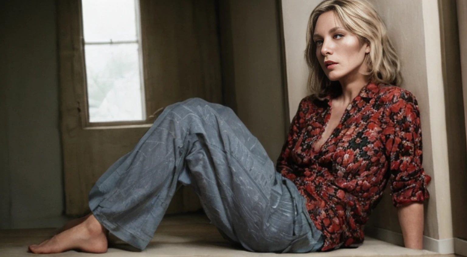 A full-length woman in middle-aged clothes.