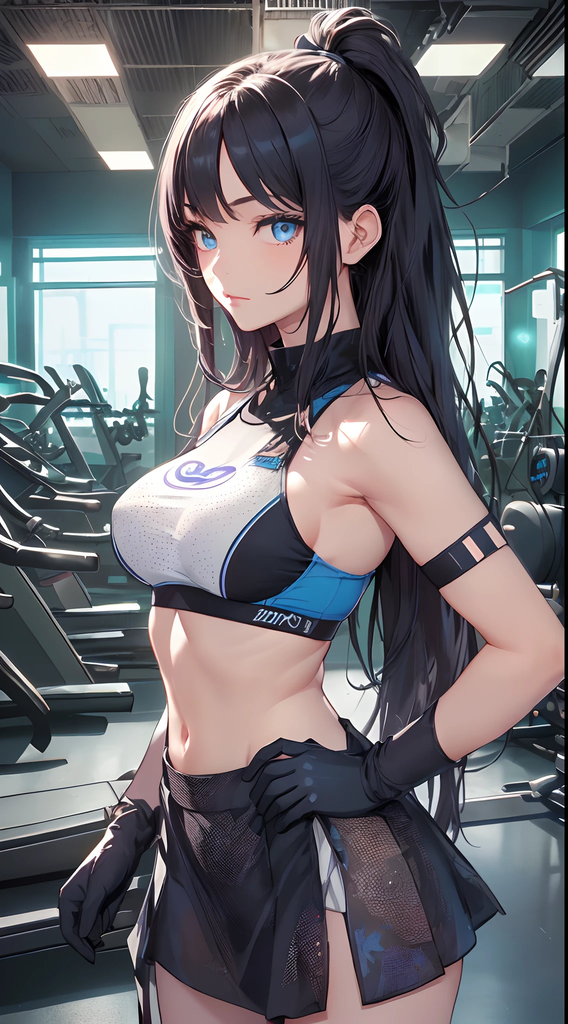 top-quality、Top image quality、masterpiece、girl with((cute little、20yr old、Best Bust、Medium bust、Bust 85,Beautiful blue eyes、Breasts wide open,Long Black Hair、A slender、Middle knot、Black Sports Bra、Blue long trousers、White sheer short skirt,Reflecting the whole body、Black perforated gloves))hiquality、Beautiful Art、Background with((clubhouse、Blue lighting、Multiple purple laser points、fitness club、natta)),masutepiece、Elaborate design、visualart、depth of fields、The best lighting、highestdetailed、8k