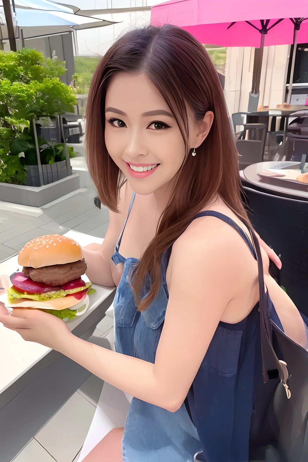 Delicious and juicy burger, Mouth-watering，Laughing at the beauties of Hamburg，having fun，4K Ultra HD, 超高分辨率, (Photorealistic: 1.4), Best quality，Masterpiece，（pastel colour：1.2）