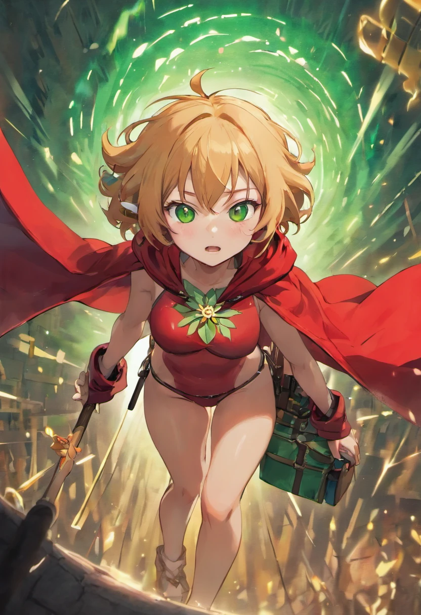 (masutepiece, Best Quality, 8K:1.37),  ((teens girl, Wear a red cloak, Wearing a red hood, White flower hair ornament, Green Bikini, Leather shorts, Belt bag, Round green eyes, Light brown medium hair:1.4)), ((Follow the Big Red Wolf)),  1 girl, Wavy Hair, (Smaller chest) Same as, ((Have a wooden flute:1.3)), jrpg character art,Extreme close-up