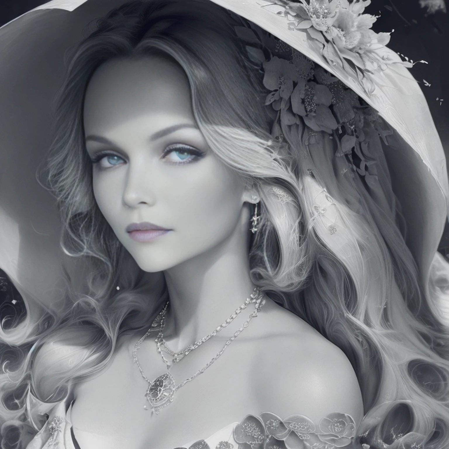 A full-length woman with a wreath on her head and a beautiful necklace, (melhor qualidade,4k,8k,Altas,master part:1.2),ultra-detalhado,(Realistic,fotorrealista,photo-realistic:1.37),Monochromatic watercolor:1.2,escala de cinza:0.9,Tranquil courtyard,cores suaves,piscina serena,flores vibrantes florescendo,atmosfera tranquila,sol abafado,Brisa suave,rippling water,serenidade,tons suaves,sombras sutis,Textured watercolor strokes,ambiente tranquilo,folhagem exuberante,harmonious composition,delicate petals,quietude,relaxed atmosphere,calma,tons terrosos,Tranquil Haven,Fuga serena,paleta moderada,dim lighting,Reflective surface,Natureza sussurrando,Tranquil Getaway,dreamlike quality,retiro calmante,ambiente calmante,melancholic mood.