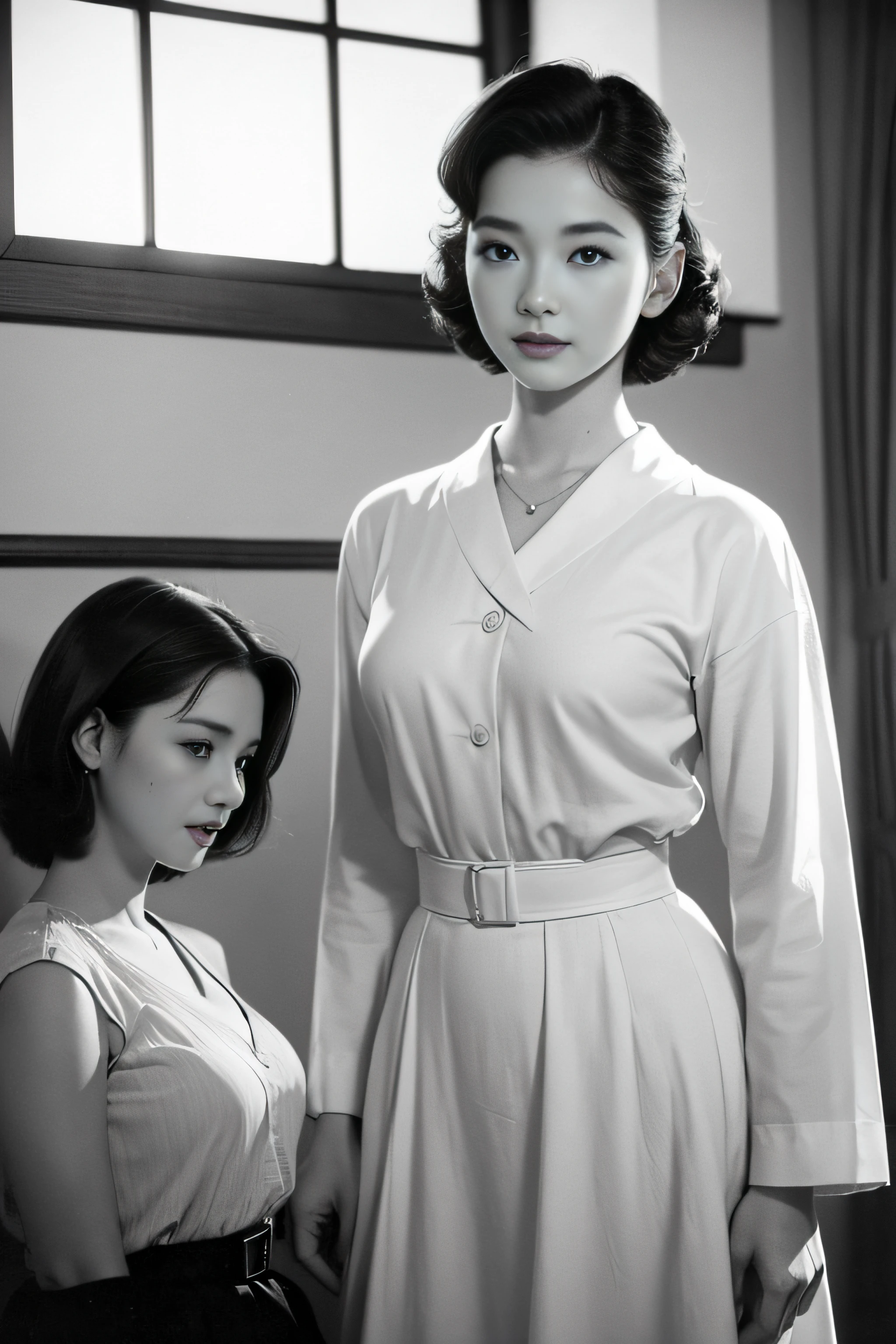 1womanl、(Solo:1.3)、(Super beautiful)、(ultra beautiful faces)、Japan actresses of the 1950s、(Clothes that were popular in the United States in the 1950s)、upperbody shot、(Monochrome photography)
