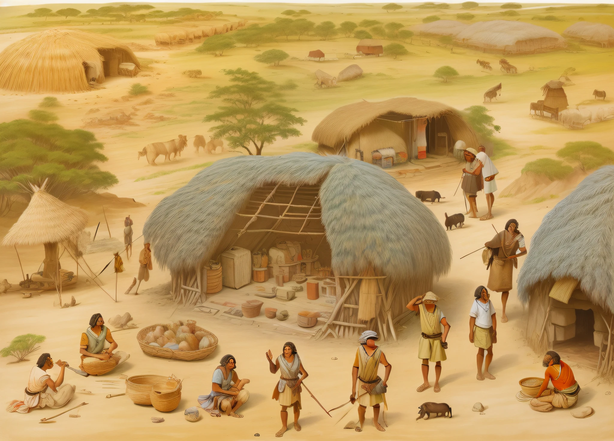 A painting of a group of people standing around a hut, prehistory, an illustration of, Idade da Pedra, ancient alien tools and houses, pre - historic cave man family, archaeological excavation scene, Ancient era, tribo antiga, cabana, Directed by: Edward Clark, Povo neandertal, historical artistic depiction, Directed by: Susan Heidi, Paleolithic painting, um antigo