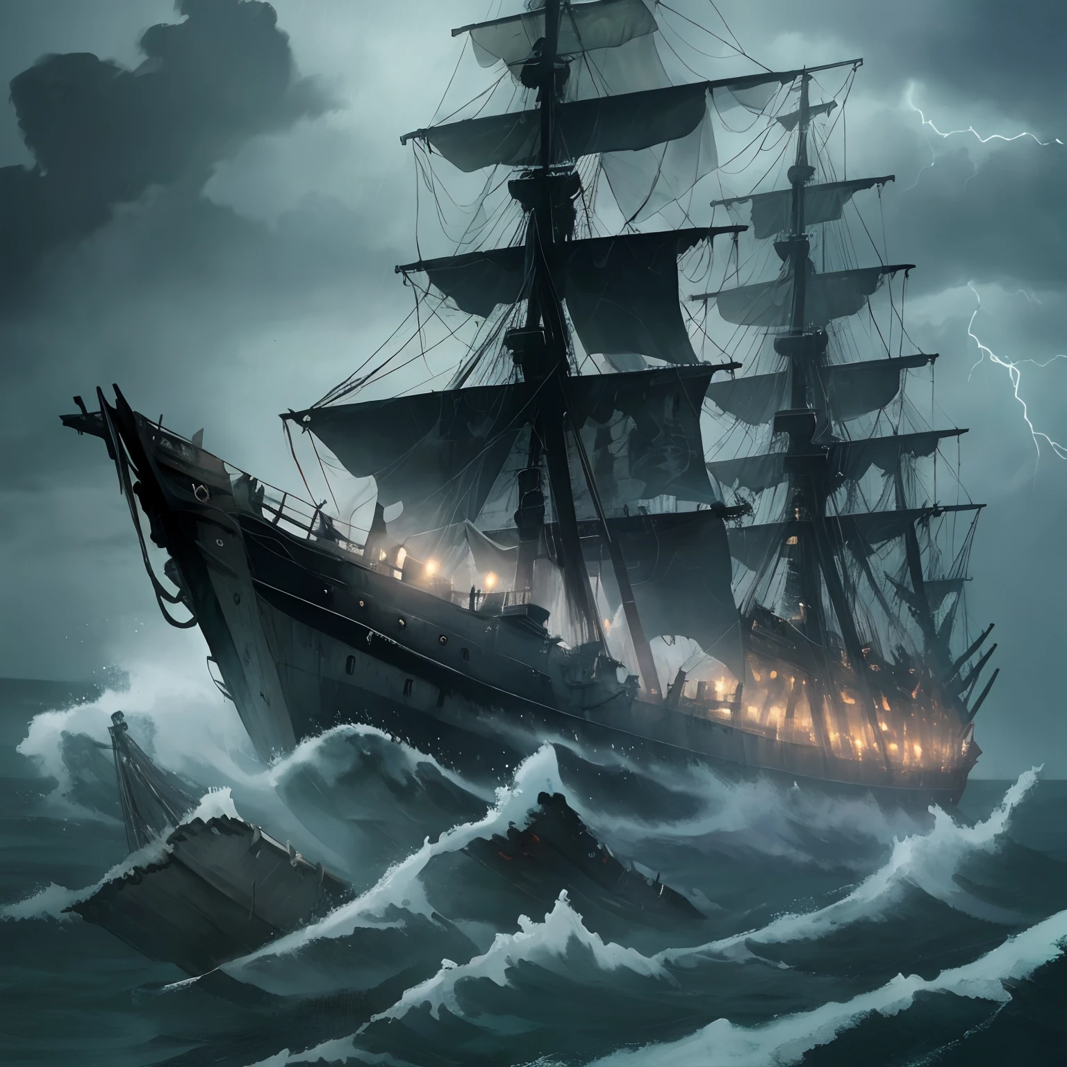 masterpiece、hightquality、Landscape painting、Detailed landscape painting、Very dark sky、Thick black clouds、In the darkness、a dark night、Wide ocean、Ōlan、Detailed heavy rain、Detailed raindrops、Thick violent thunder、Detailed lightning、The sea is very intense and rough、Very large waves、Ship Graveyard、Zombie Ship、Ship of bones、A decaying ghost ship wandering through a thunderstorm、The sails are tattered and hanging、Rotten sails、Torn sails、Torn sails、Perforated sail、Broken mast、Tattered mast、Tattered hull、There are holes in some places、The hull is rotting、Detailed battered ghost ship、A crumbling ghost ship、Black Ghost Ship、The ghost ship is heavily tilted、Black fog around the ghost ship、Black aura、Island in the distance々Looks、longshot、Faraway view