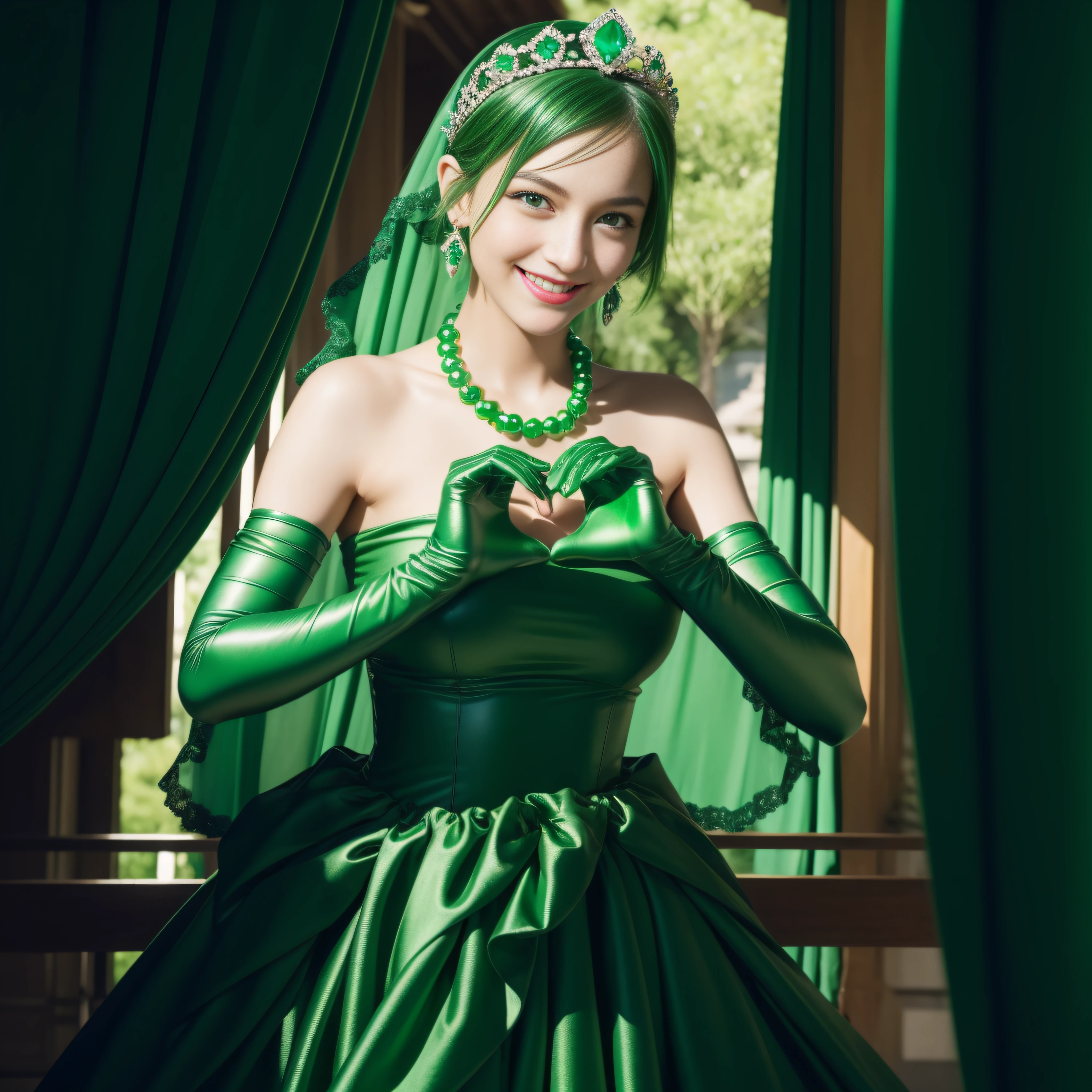 emerald tiara, Green Pearl Necklace, Boyish very short green hair, lipsticks, Japan woman smiling, very short short hair, big breasts beautiful, Green eyes, Long green gloves made of satin material, Green eyes, Emerald Earrings, green vale, Heart with both hands