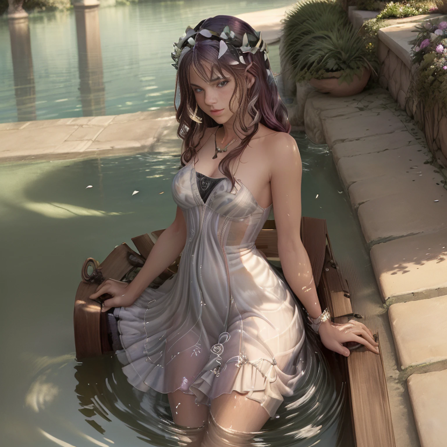 A full-length woman with a wreath on her head and a beautiful necklace, (melhor qualidade,4k,8k,Altas,master part:1.2),ultra-detalhado,(Realistic,fotorrealista,photo-realistic:1.37),Monochromatic watercolor:1.2,escala de cinza:0.9,Tranquil courtyard,cores suaves,piscina serena,flores vibrantes florescendo,atmosfera tranquila,sol abafado,Brisa suave,rippling water,serenidade,tons suaves,sombras sutis,Textured watercolor strokes,ambiente tranquilo,folhagem exuberante,harmonious composition,delicate petals,quietude,relaxed atmosphere,calma,tons terrosos,Tranquil Getaway,Fuga serena,paleta moderada,dim lighting,Reflective surface,Natureza sussurrando,Tranquil Getaway,dreamlike quality,retiro calmante,ambiente calmante,melancholic mood.