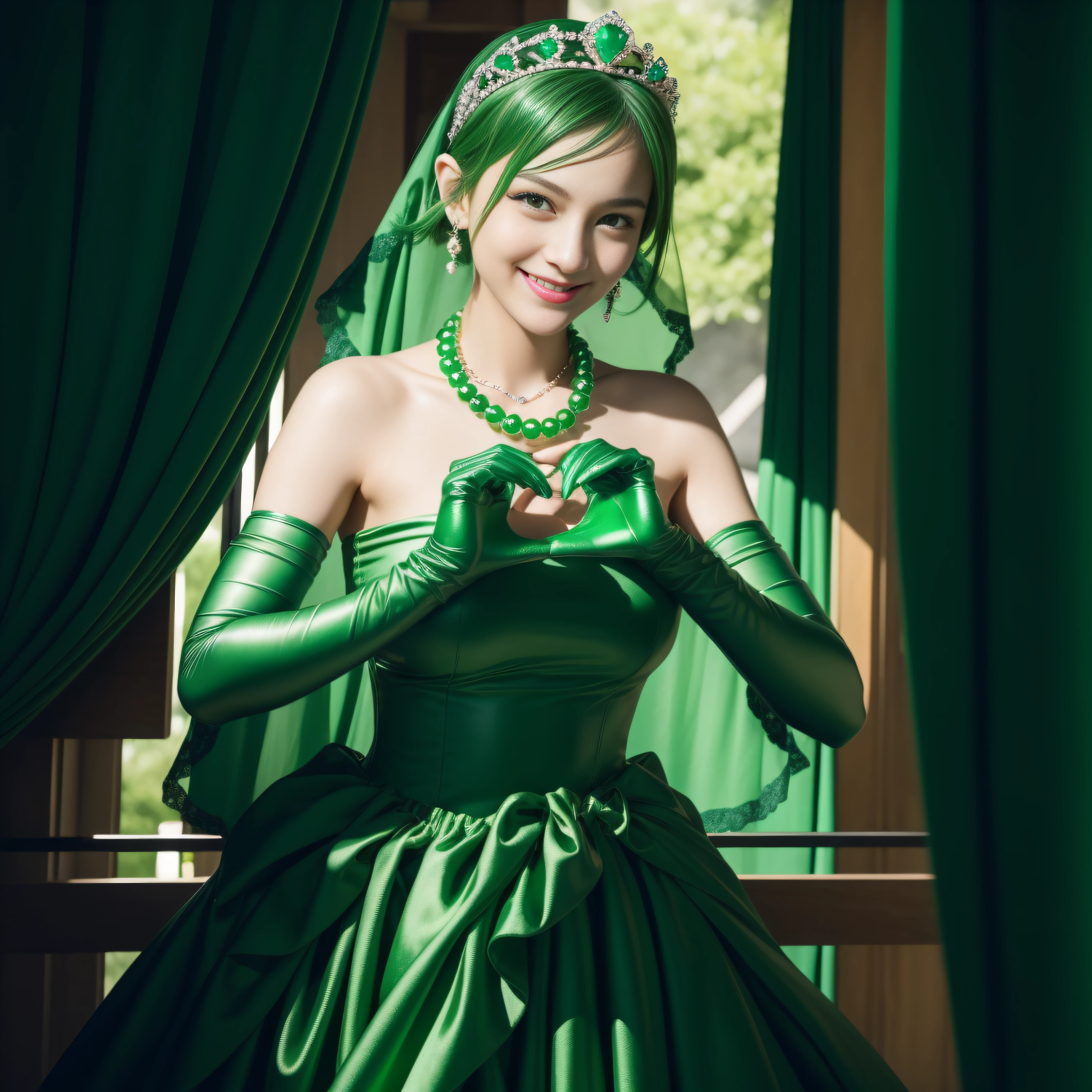 emerald tiara, Green Pearl Necklace, Boyish very short green hair, lipsticks, Japan woman smiling, very short short hair, big breasts beautiful, Green eyes, Long green gloves made of satin material, Green eyes, Emerald Earrings, green vale, Heart with both hands