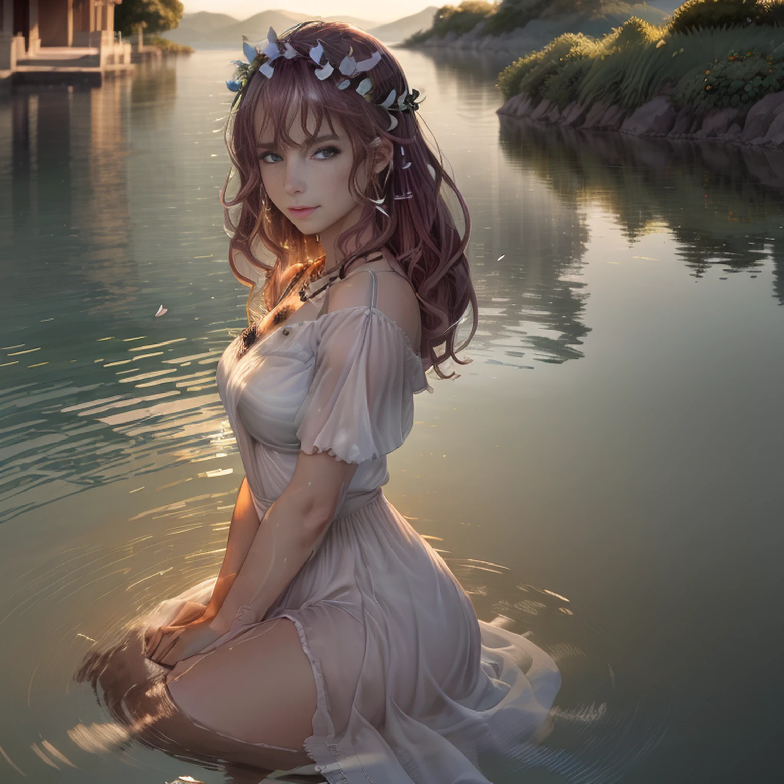 a beautiful mature woman (gldot) bathing in a river, girl half body drowning in the water, reeds, (back lighting), realistic, masterpiece, highest quality, lens flare, shade, bloom, [[chromatic aberration]], by Jeremy Lipking, digital painting,
